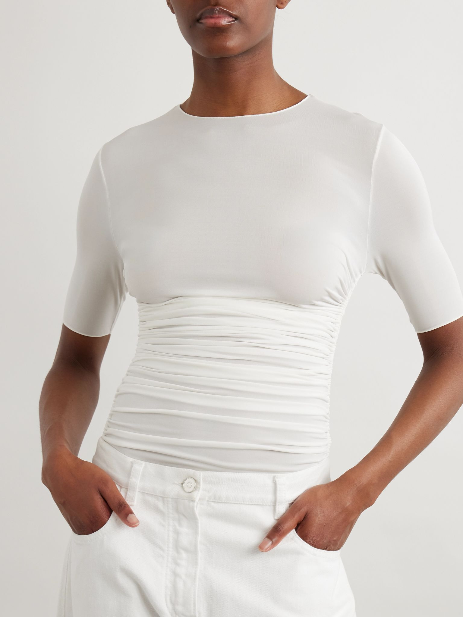 Ruched stretch-jersey T-shirt White - 3
