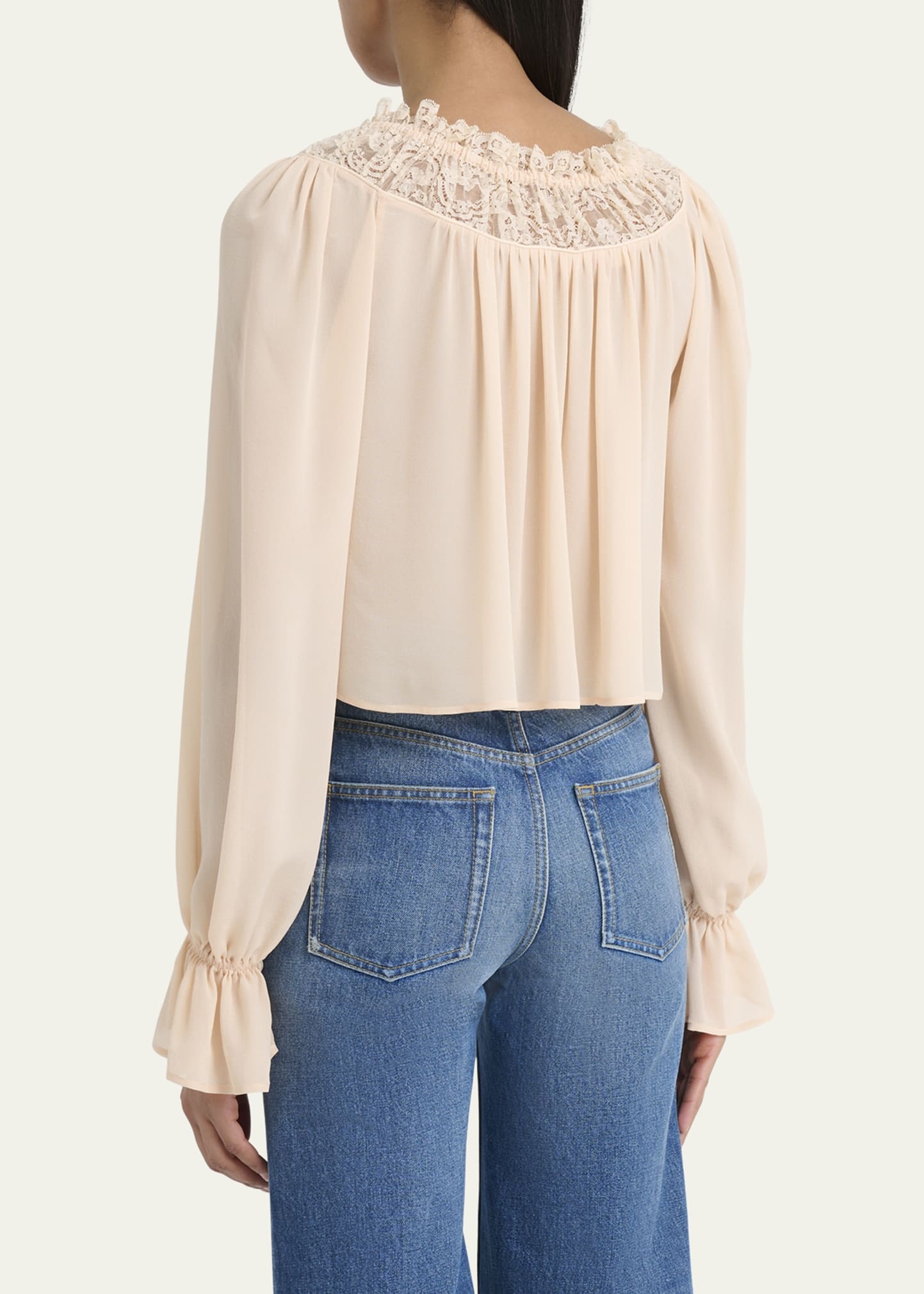 Ruched Lace Silk Peasant Blouse - 3