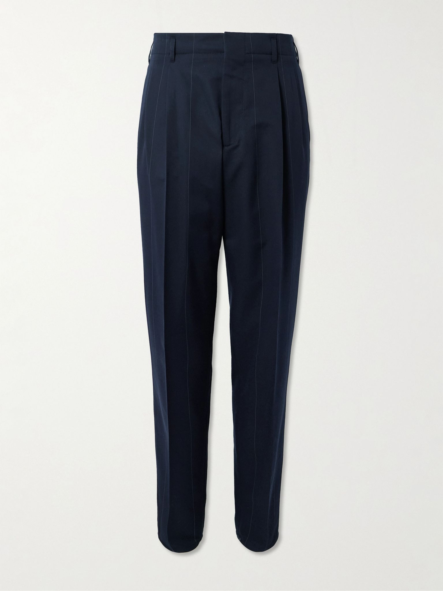 Tapered Pleated Pinstriped Wool and Cotton-Blend Trousers Navy - 1