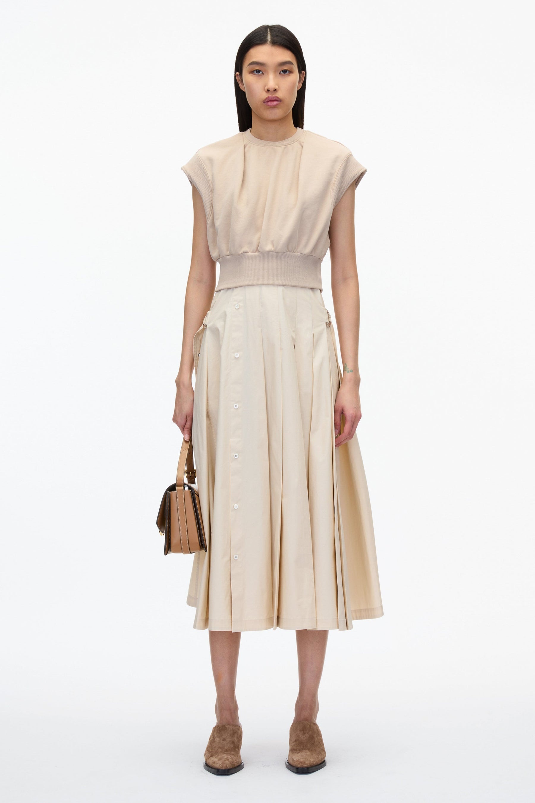 Sweatshirt Combo Dress with Pleated Skirt - 1