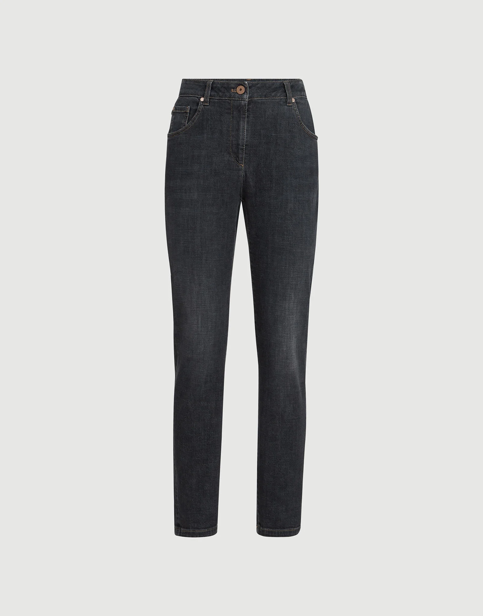 Stretch denim slim five-pocket trousers with shiny leather tab - 1