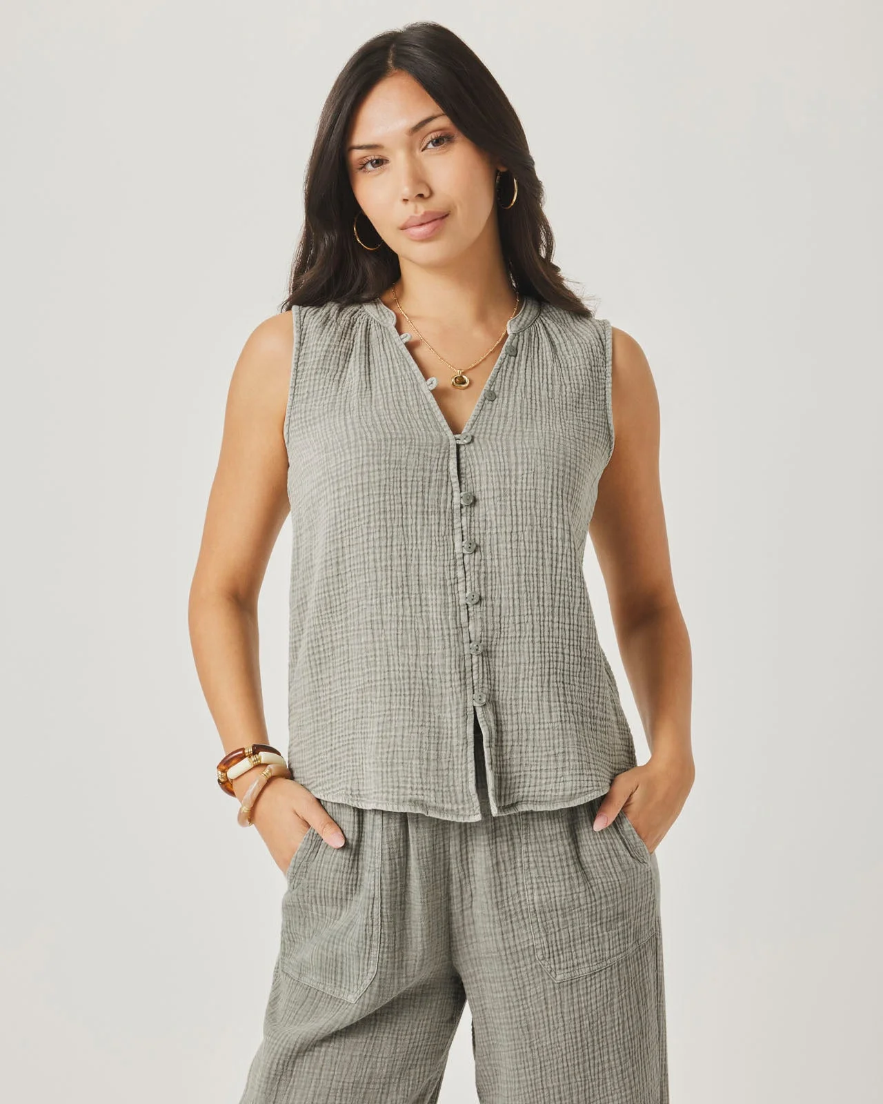 Ava Gauze Button Tank - 1