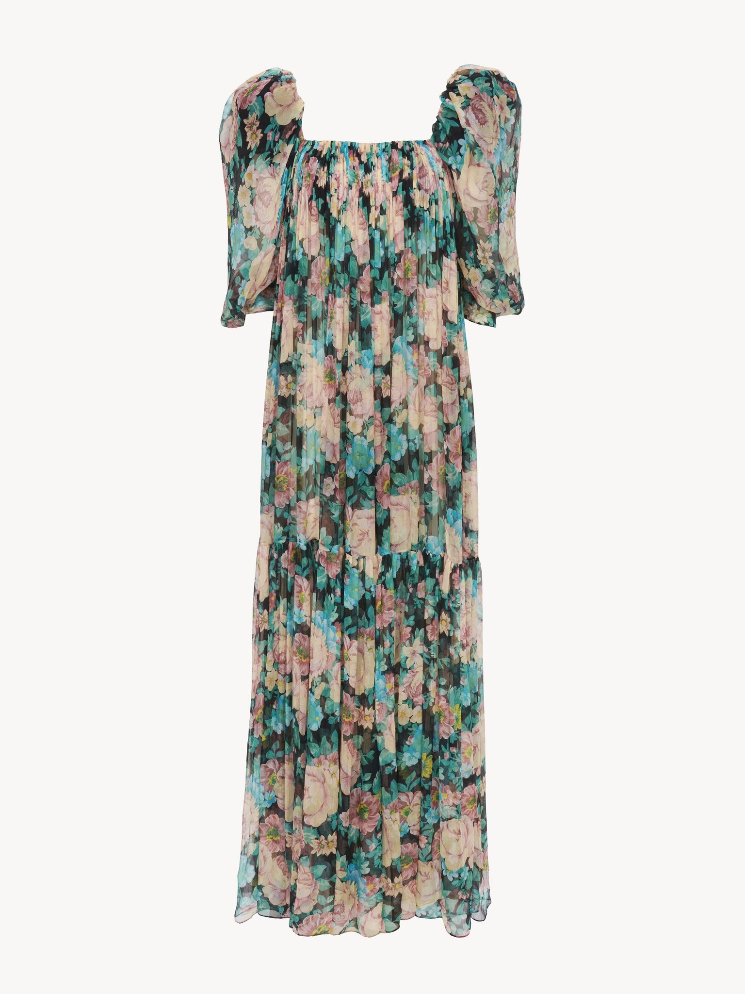 PUFF-SLEEVE LONG DRESS IN SILK MOUSSELINE - 2