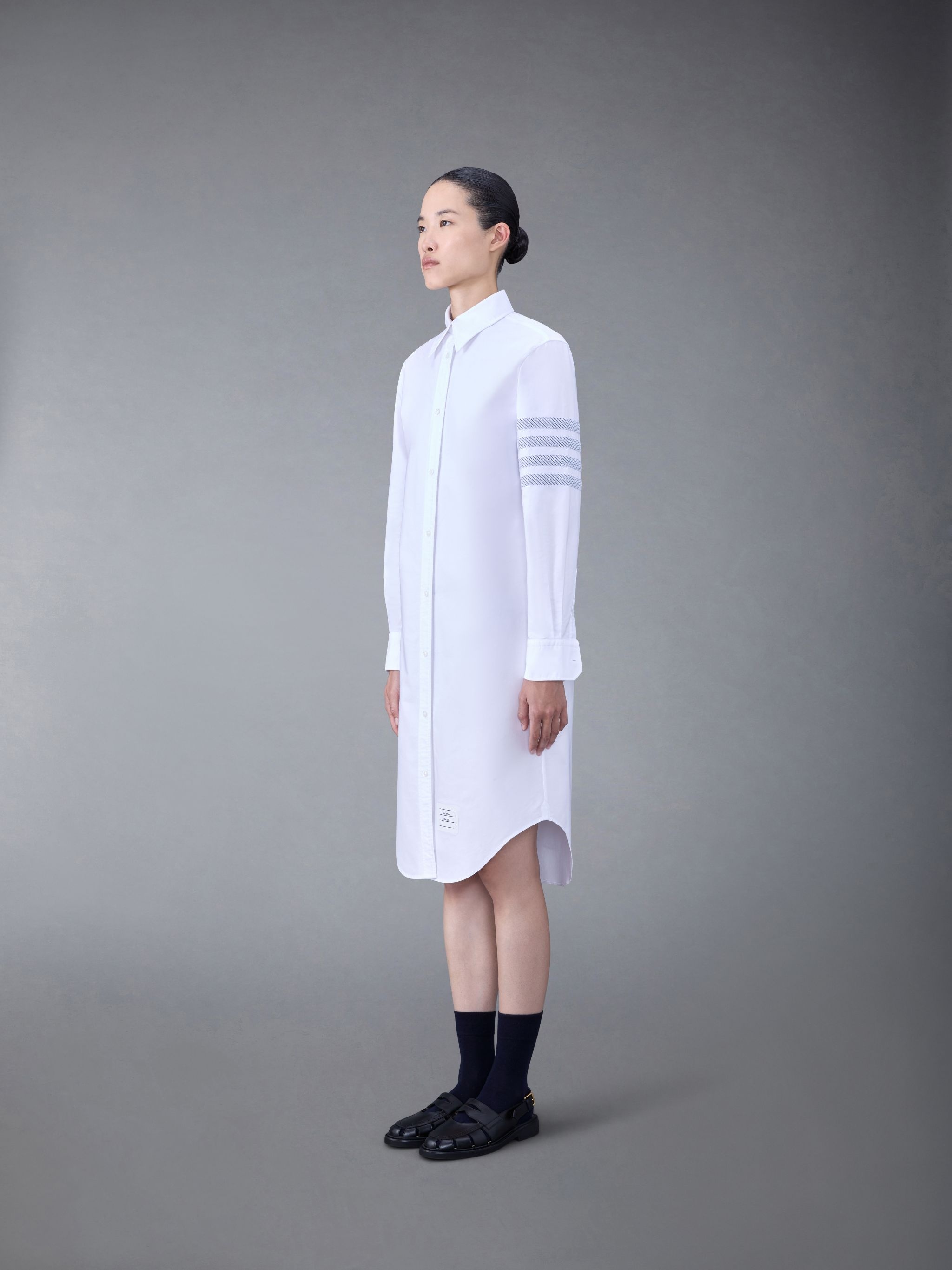 White Classic Oxford Long-sleeve Button Down Knee Length Shirtdress