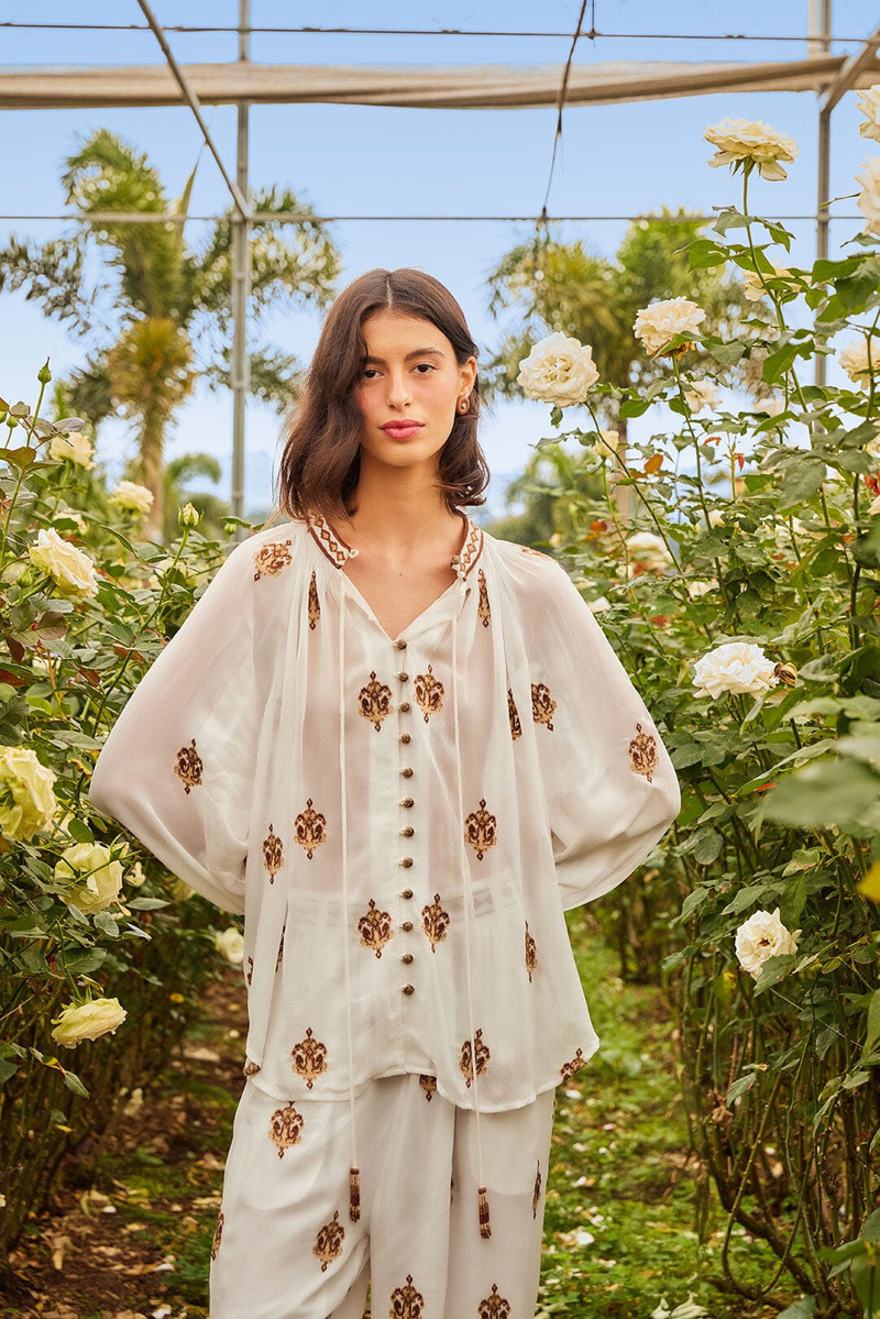 FARM RIO Off-White Anchor Tapestry Embroidered Long Sleeve Blouse outlook