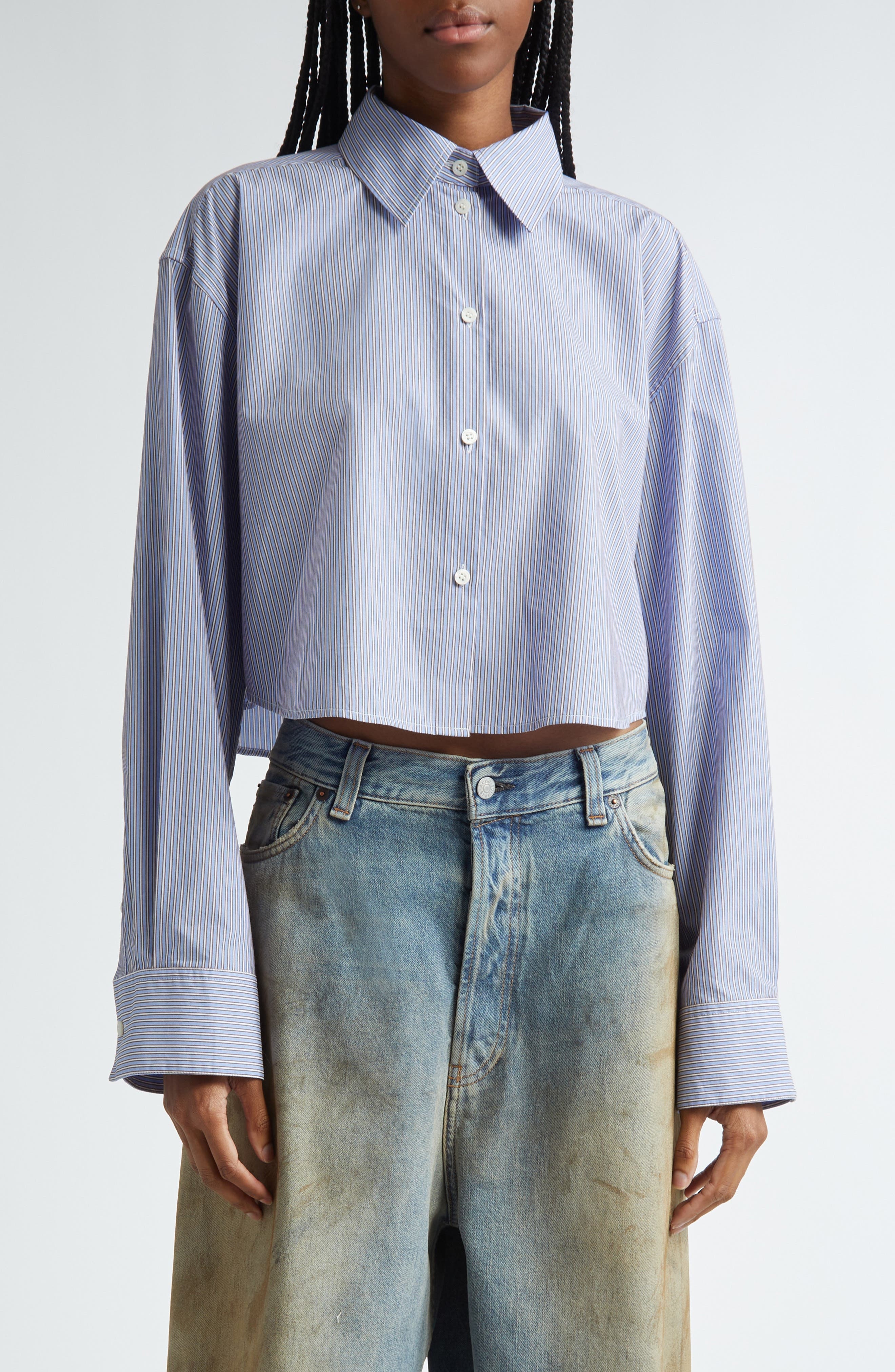 Acne Studios Satai Stripe Crop Cotton Button-Up Shirt in Sky Blue/Coffee Brown at Nordstrom - 1
