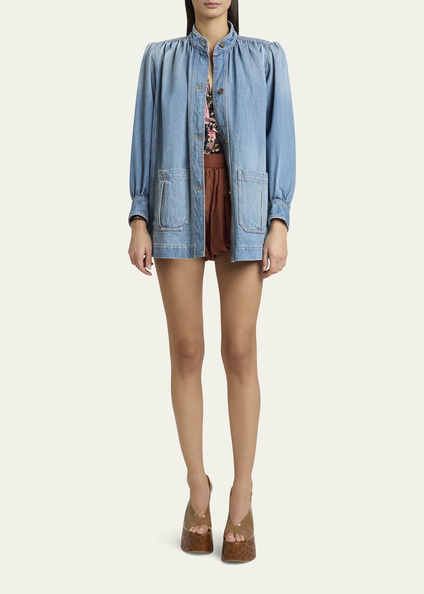 Long High Neck Gathered Denim Jacket - 2