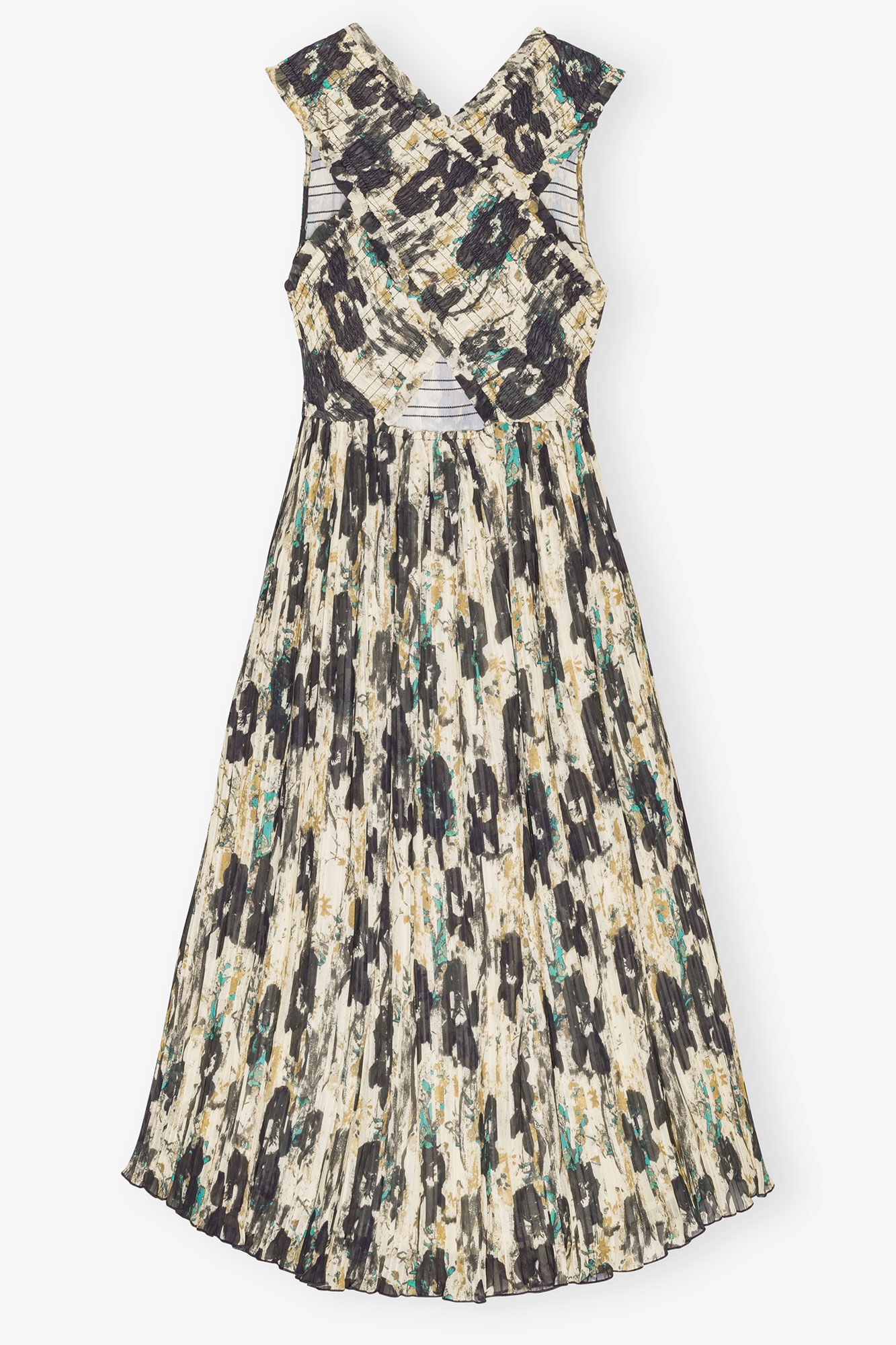PRINTED PLEATS SMOCK MIDI STRAPS DRESS - 6