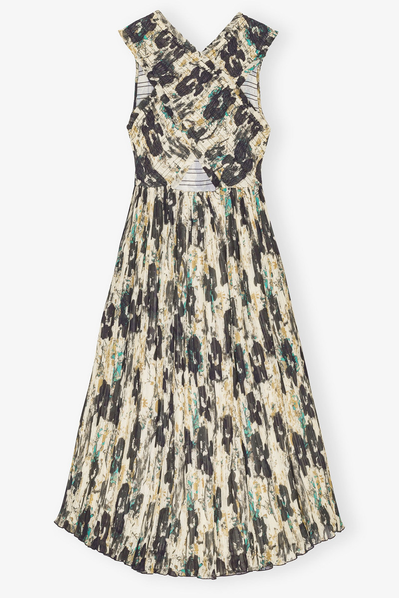 PRINTED PLEATS SMOCK MIDI STRAPS DRESS 6