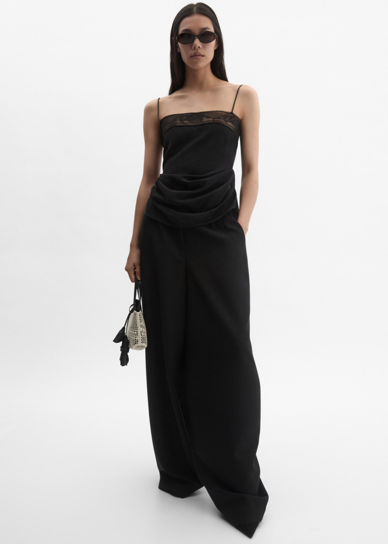 Draped silk lace-trim top in black 4