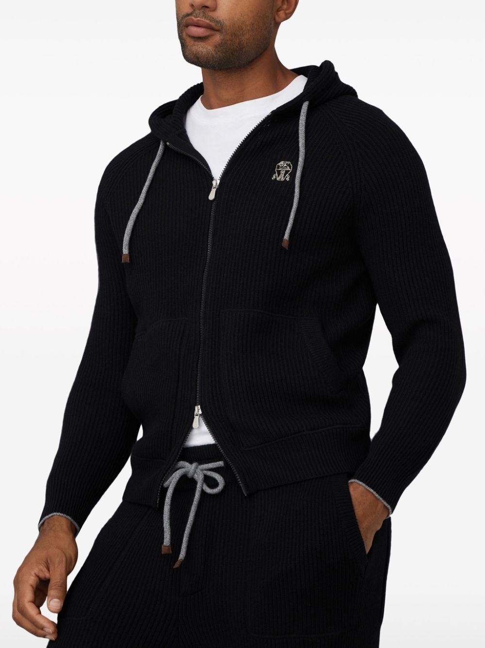 logo-embroidered ribbed-knit cashmere cardigan - 3