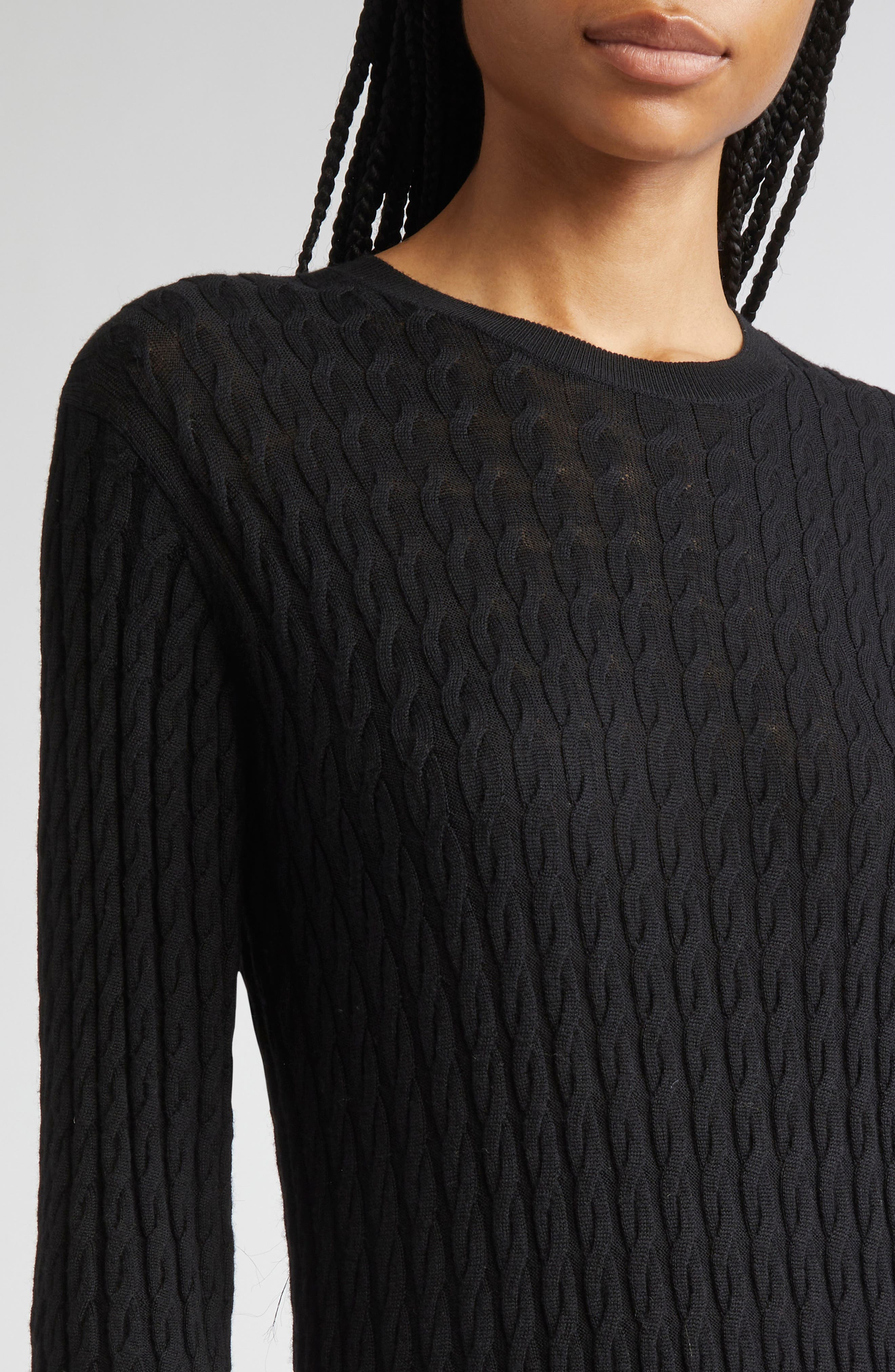 TOTEME Long Sleeve Cable Knit Wool Merino Wool Sweater Dress in Black at Nordstrom - 4