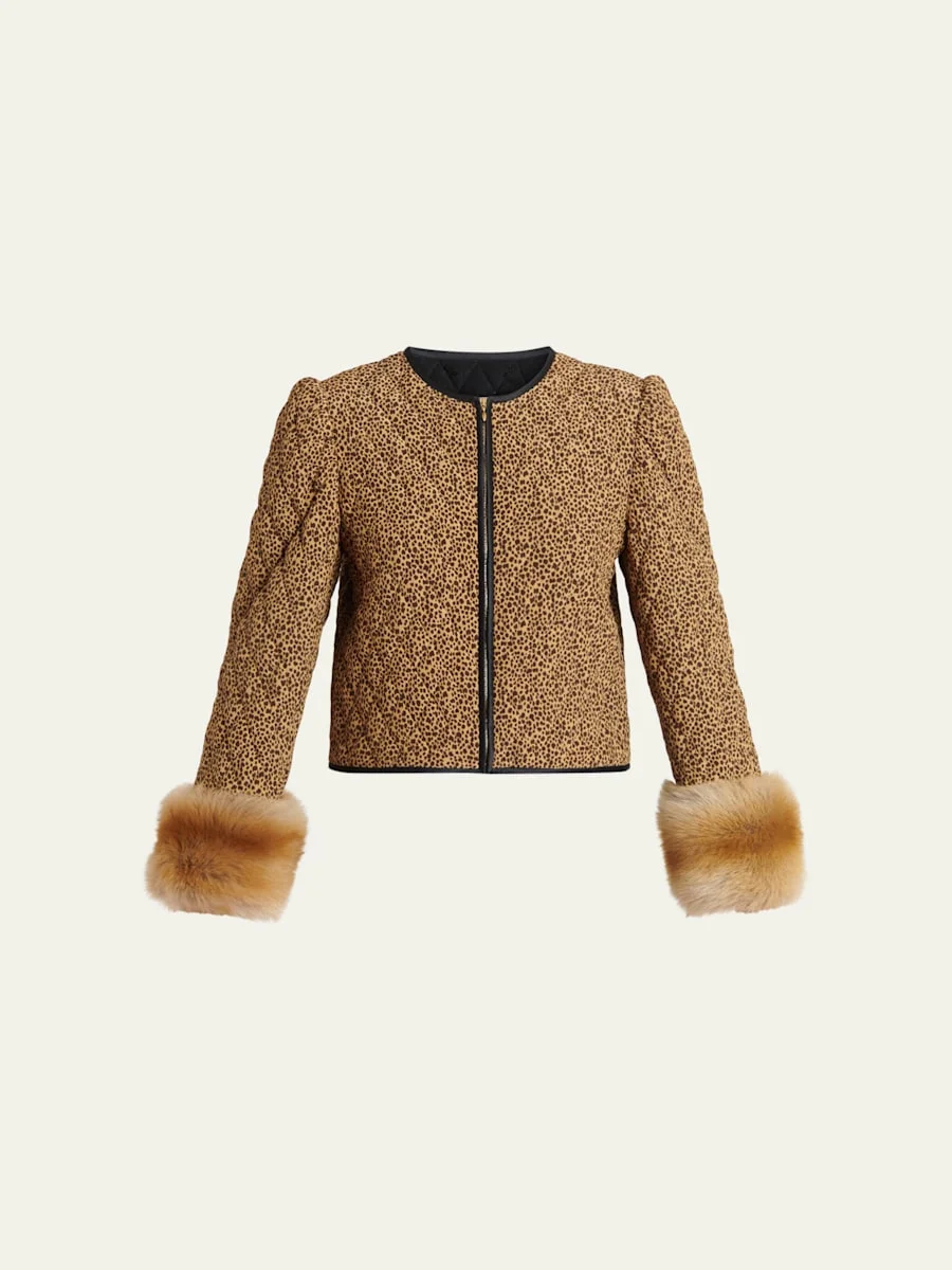 Quilted Spotted Silk Jacket with Lamb Shearling Cuffs - 1