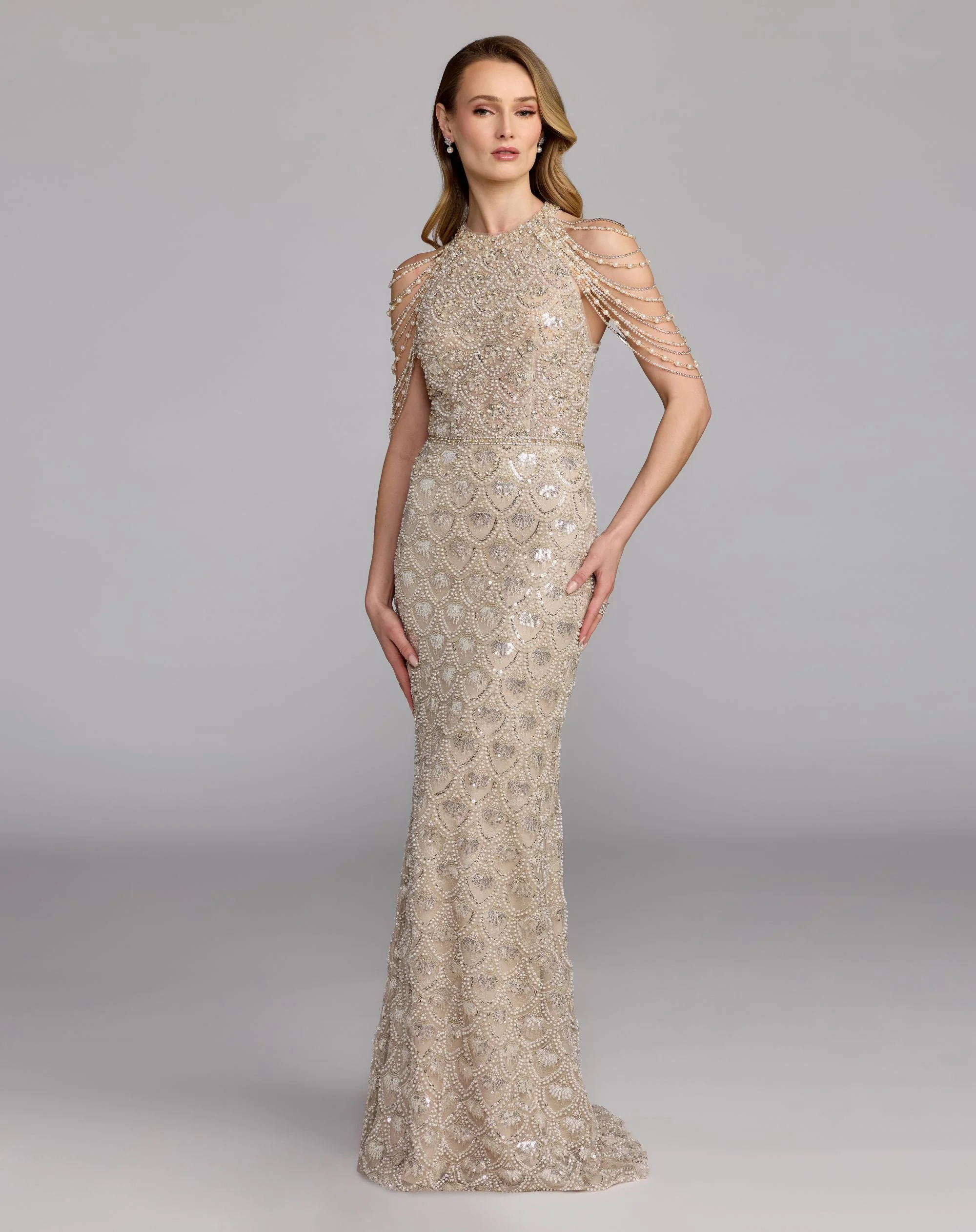 Cream Nude Draped Pearl Embellished Column Gown - 1