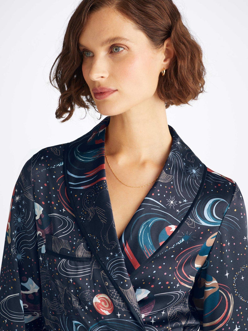 Women's Long Robe Brindisi 105 Silk Satin Navy - 5