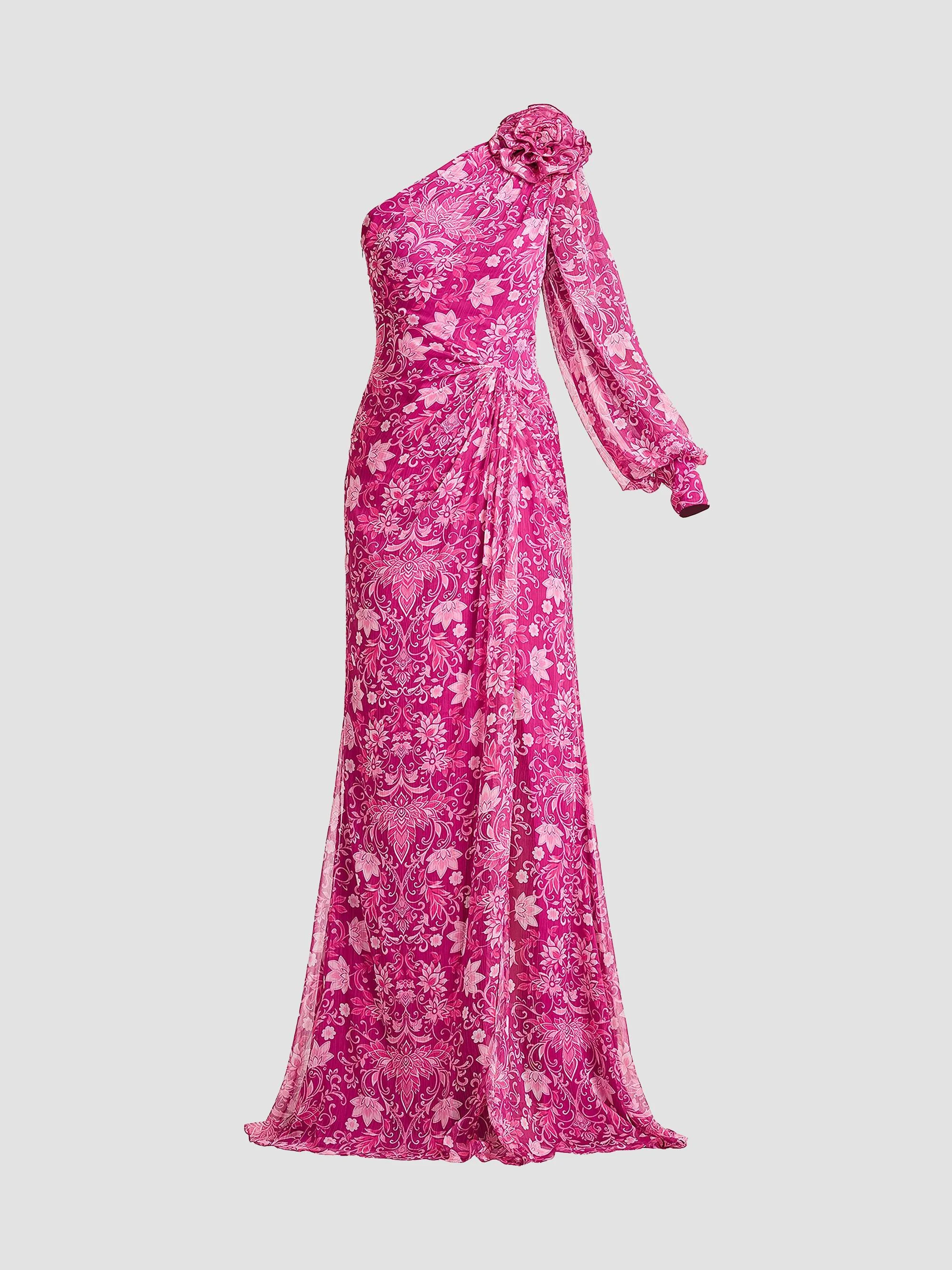 Women's Bosson One-Shoulder Floral Chiffon Gown - Magenta Multi - 1
