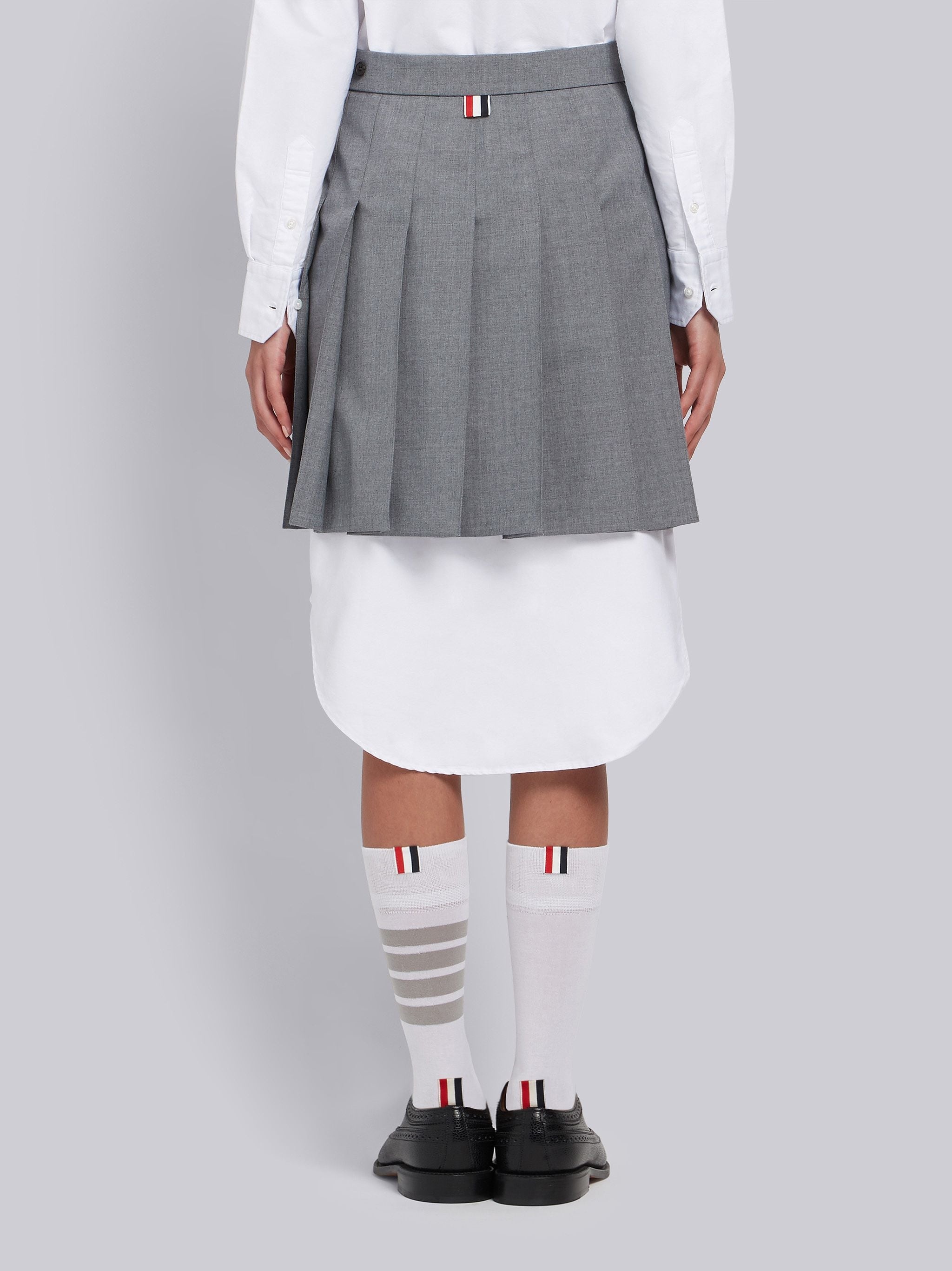 Medium Grey School Uniform Plain Weave Grosgrain Stripe Dropped Back Pleated Mini Skirt - 3