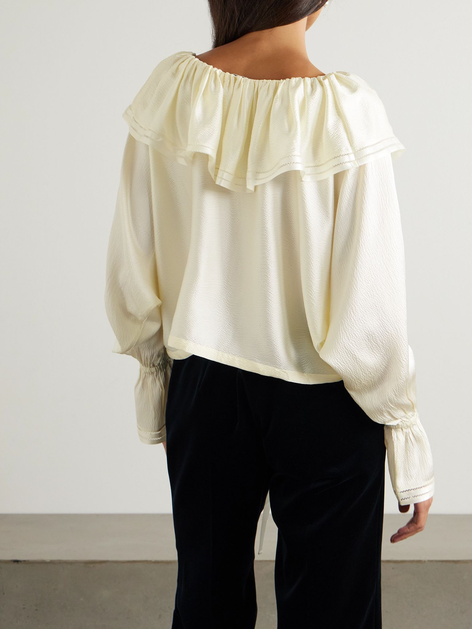 Claret off-the-shoulder ruffled pointelle-trimmed hammered-silk blouse Ivory - 4