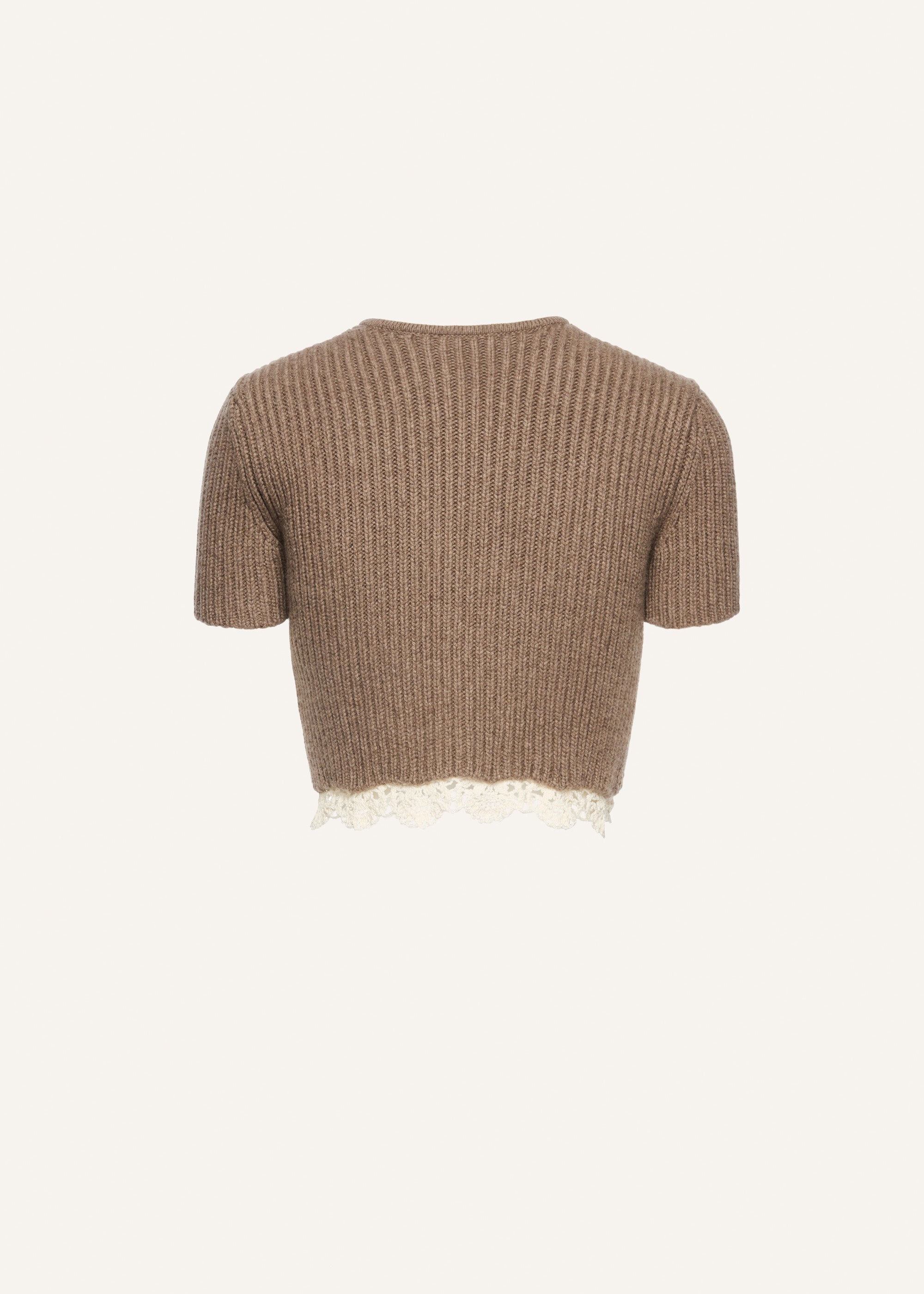 Lace detail short sleeve cardigan in beige - 2