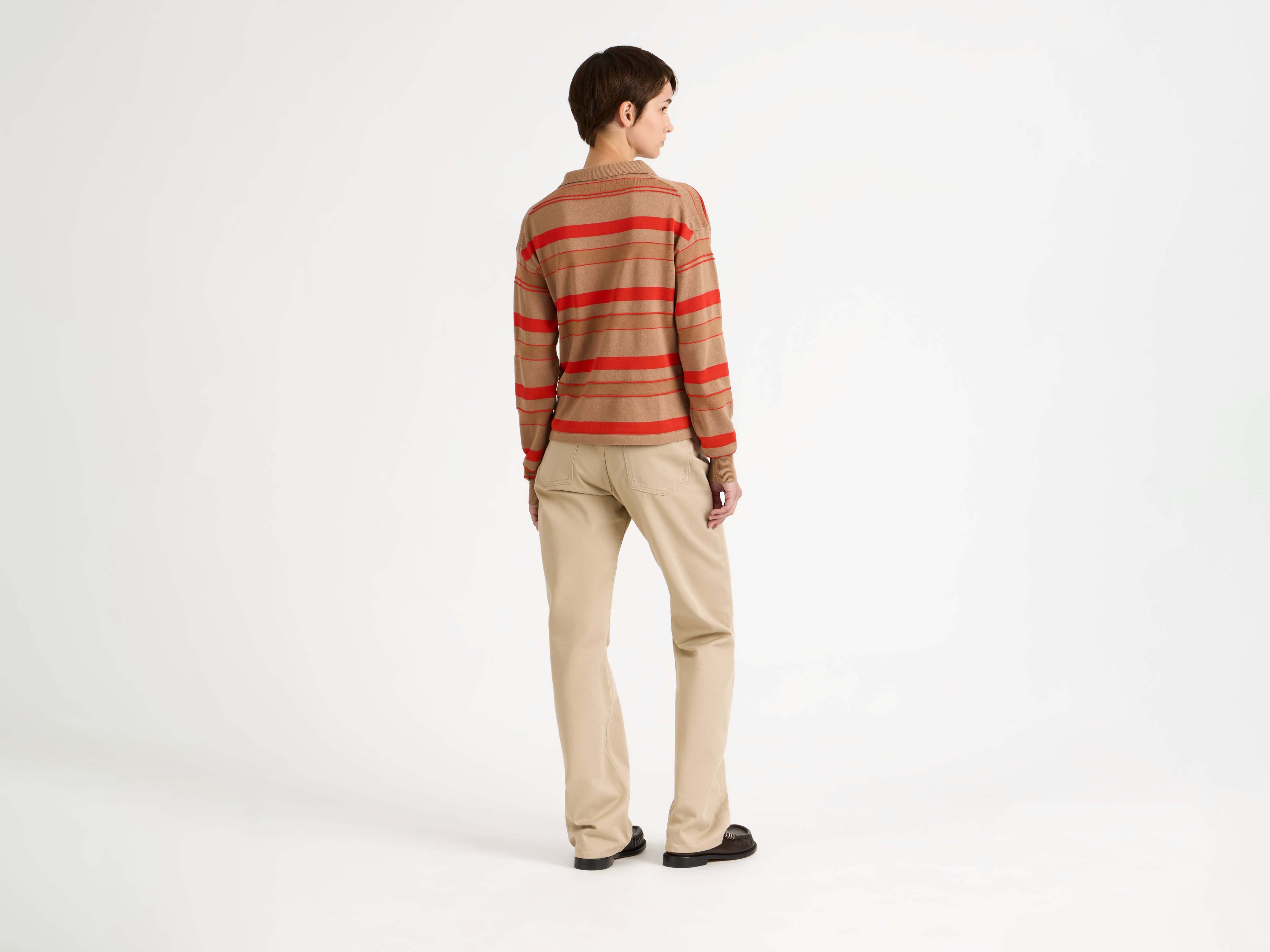 KNITTED STRIPED RUGBY POLO TOP IN BISCUIT - 3