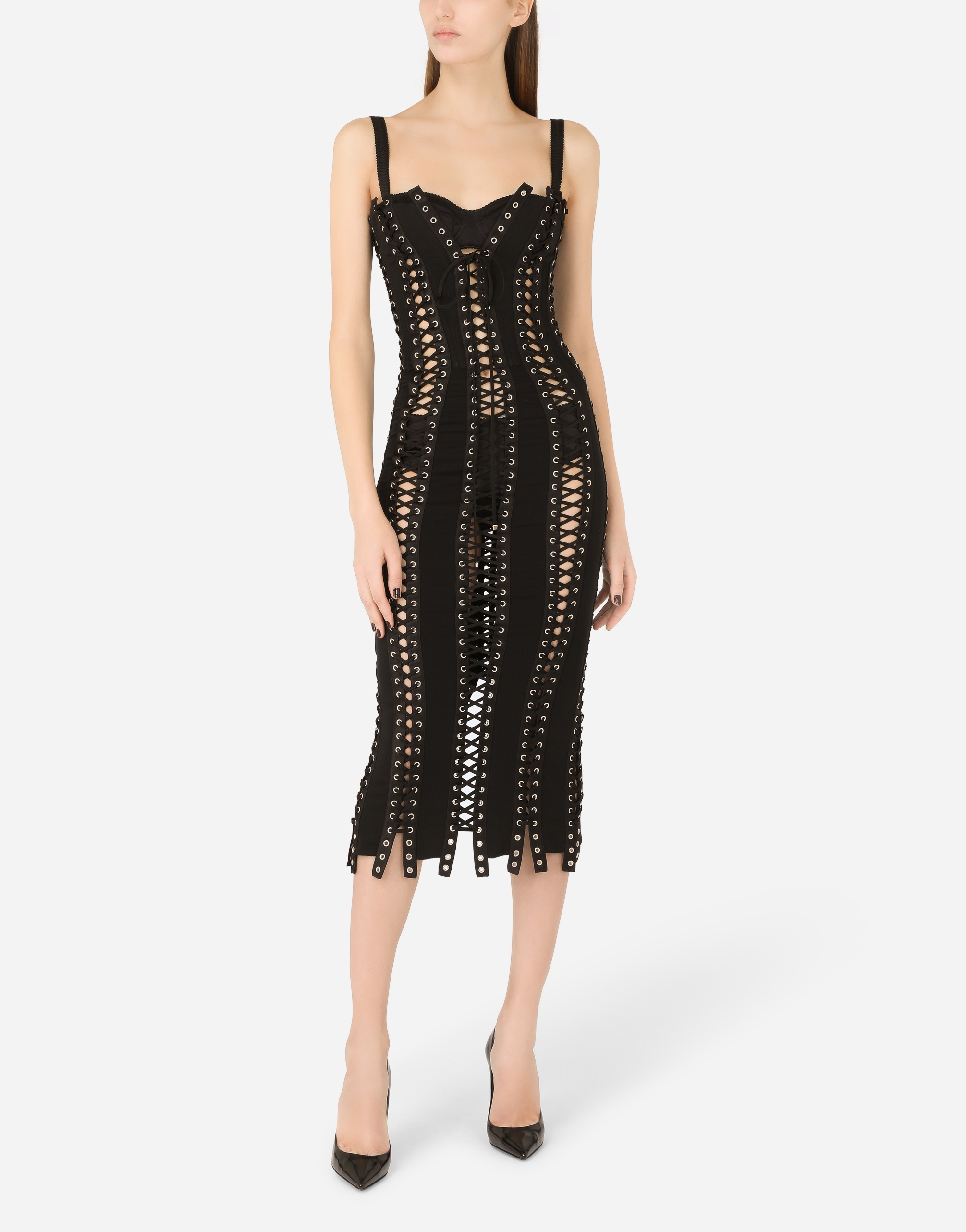 Charmeuse calf-length dress with laces and eyelets - 6