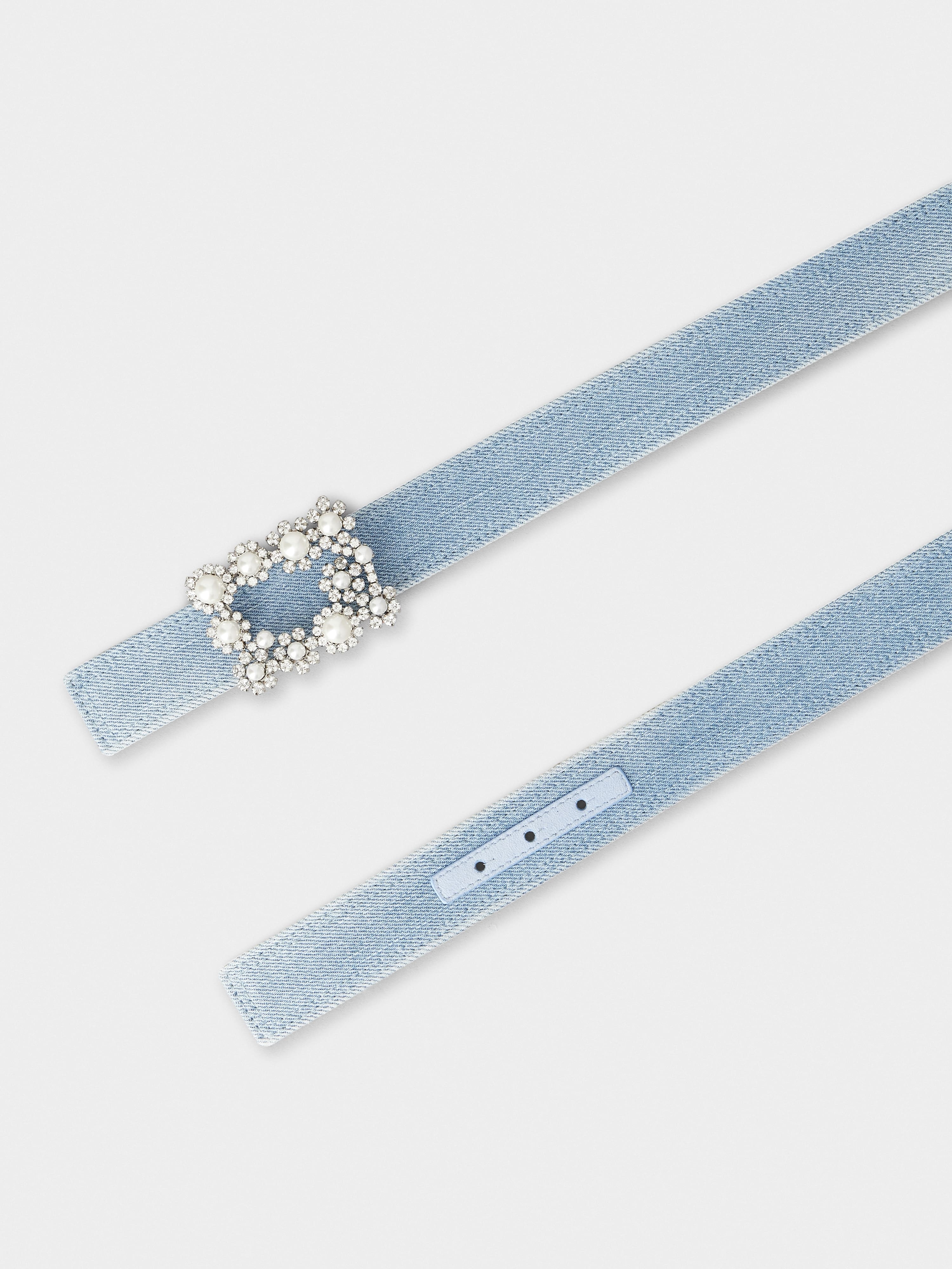 Flower Strass Pearl Buckle Belt in Denim - 2