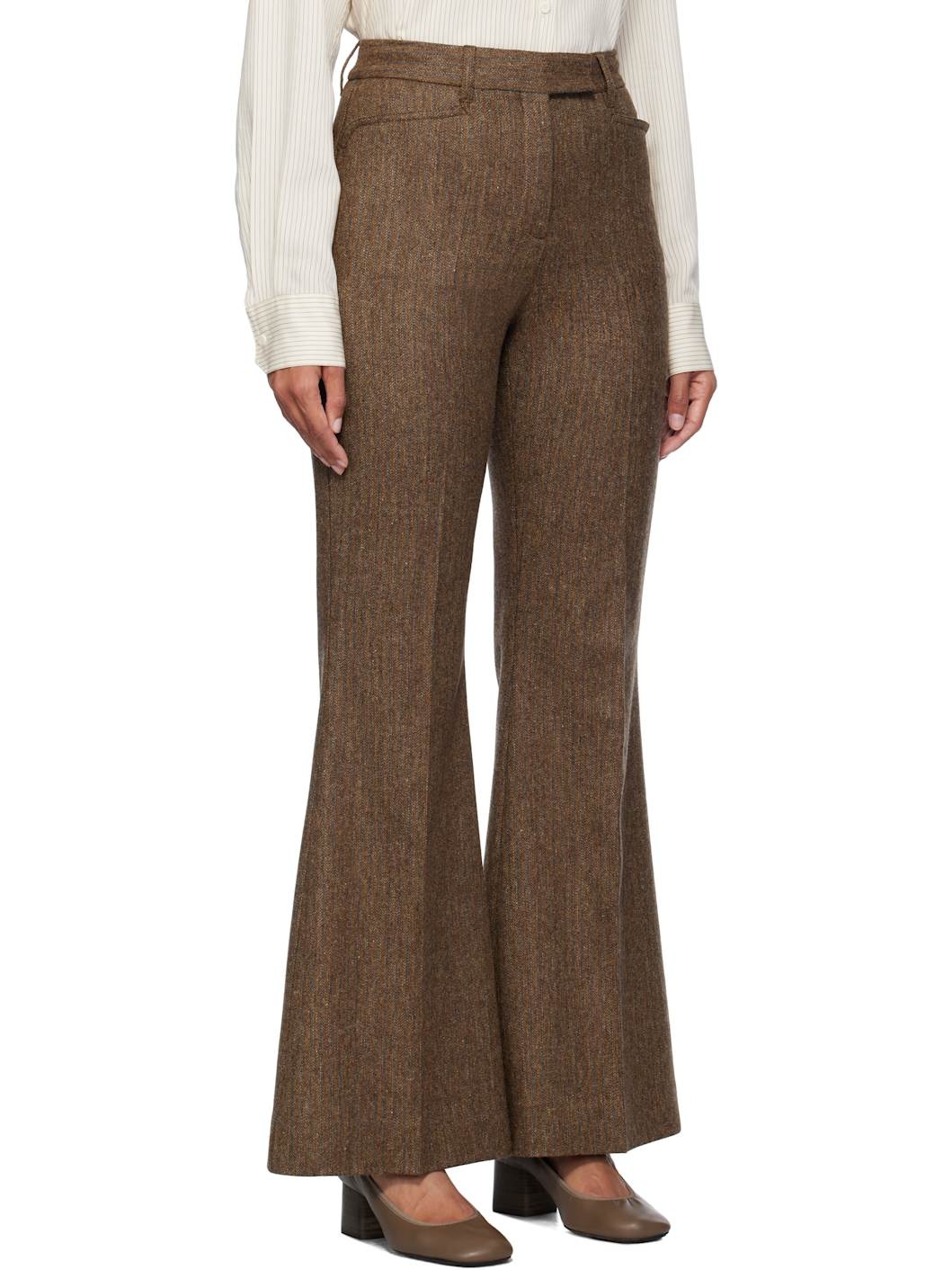 Brown Herringbone Flare Trousers - 2