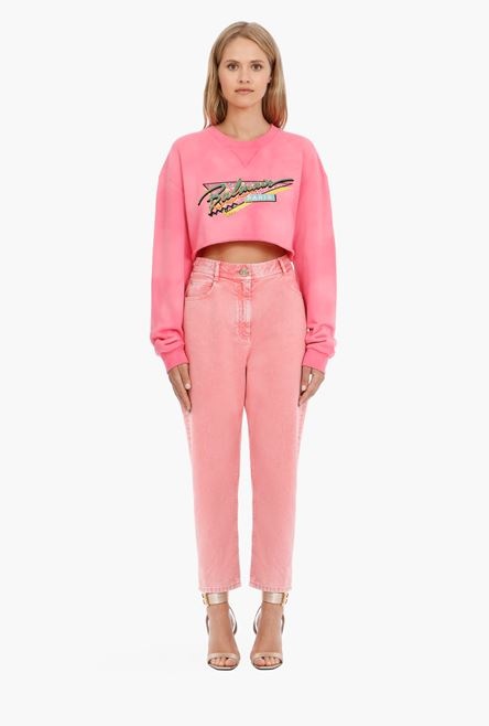 Cropped pink cotton sweatshirt with embroidered Balmain logo - 4