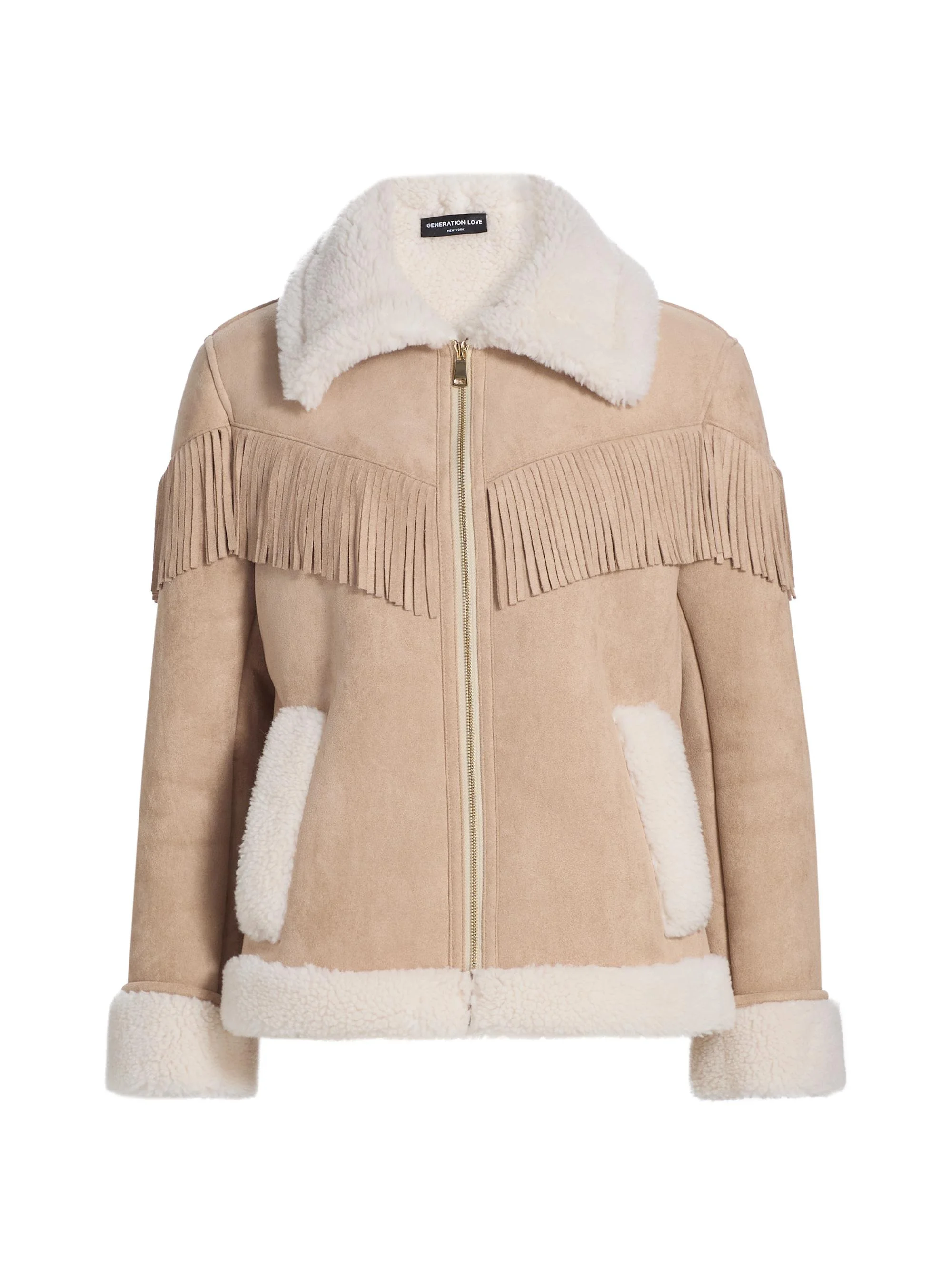 Women's Fringed Faux-Suede Bomber Jacket - Taupe White - 1