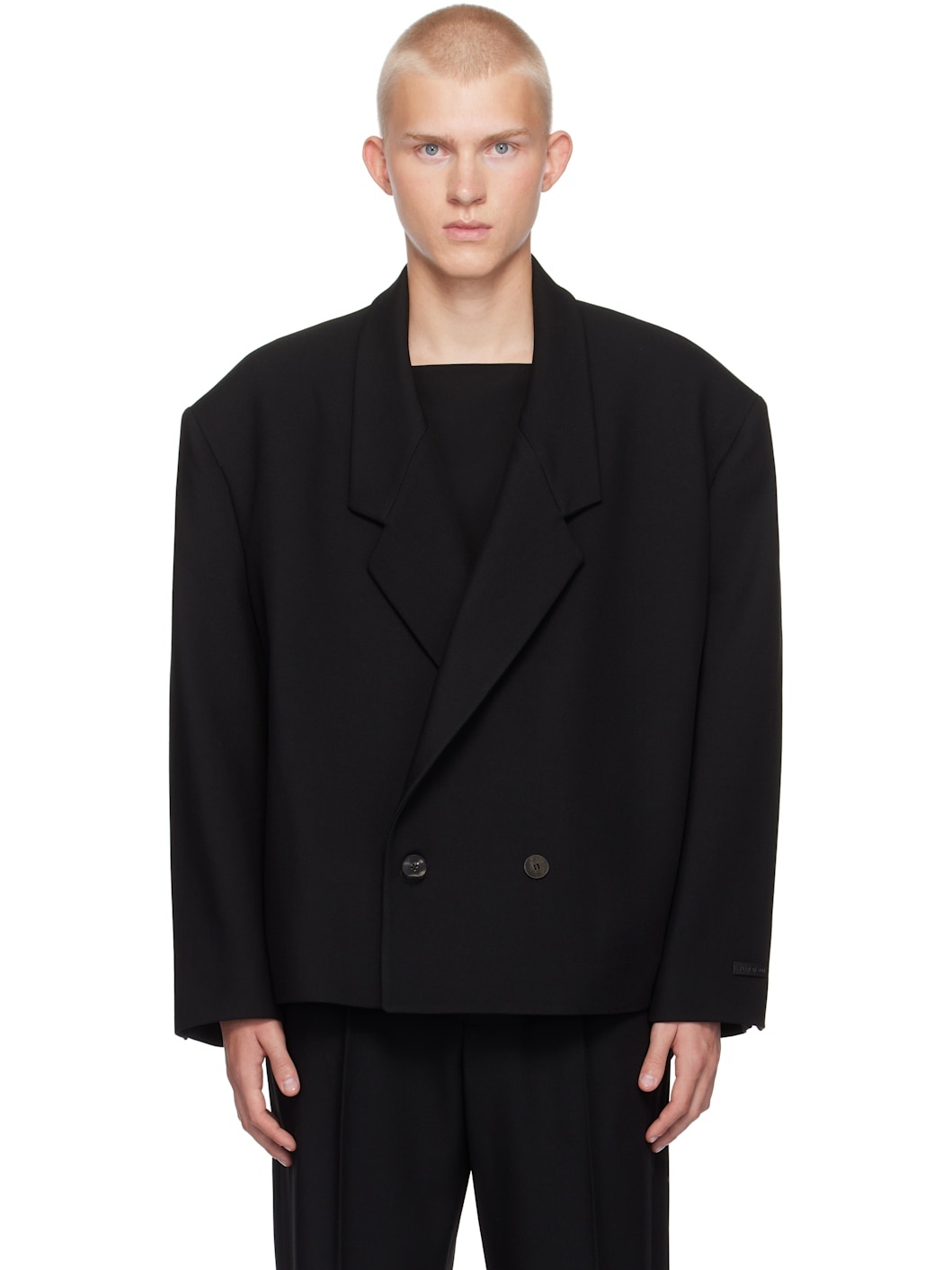 Black Wool Gabardine Cropped Blazer - 1