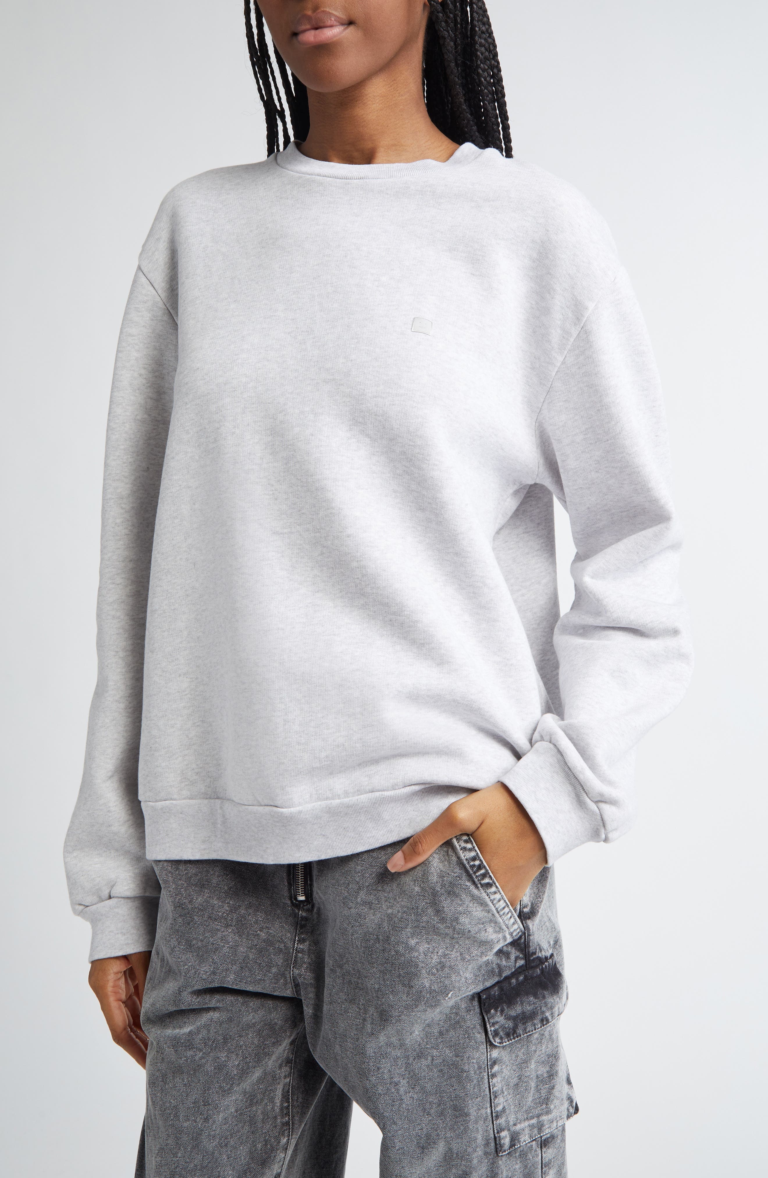 Acne Studios Faihra U Face Patch Fleece Sweatshirt in Pale Grey Melange at Nordstrom - 4