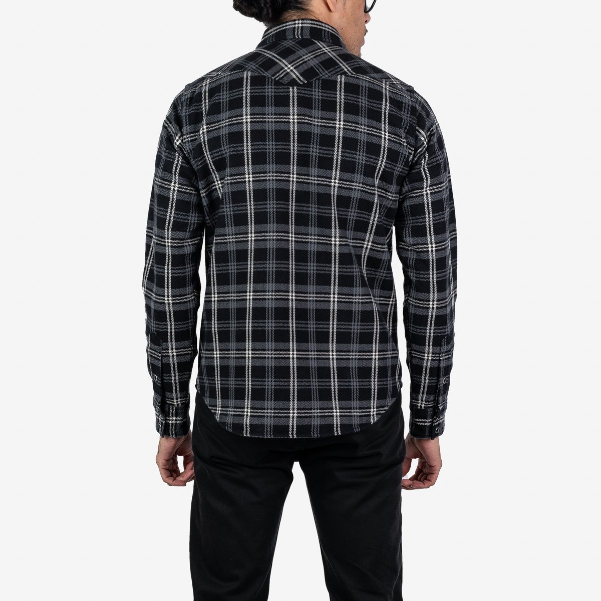 Ultra Heavy Flannel Herringbone Check Western Shirt - Black - 3