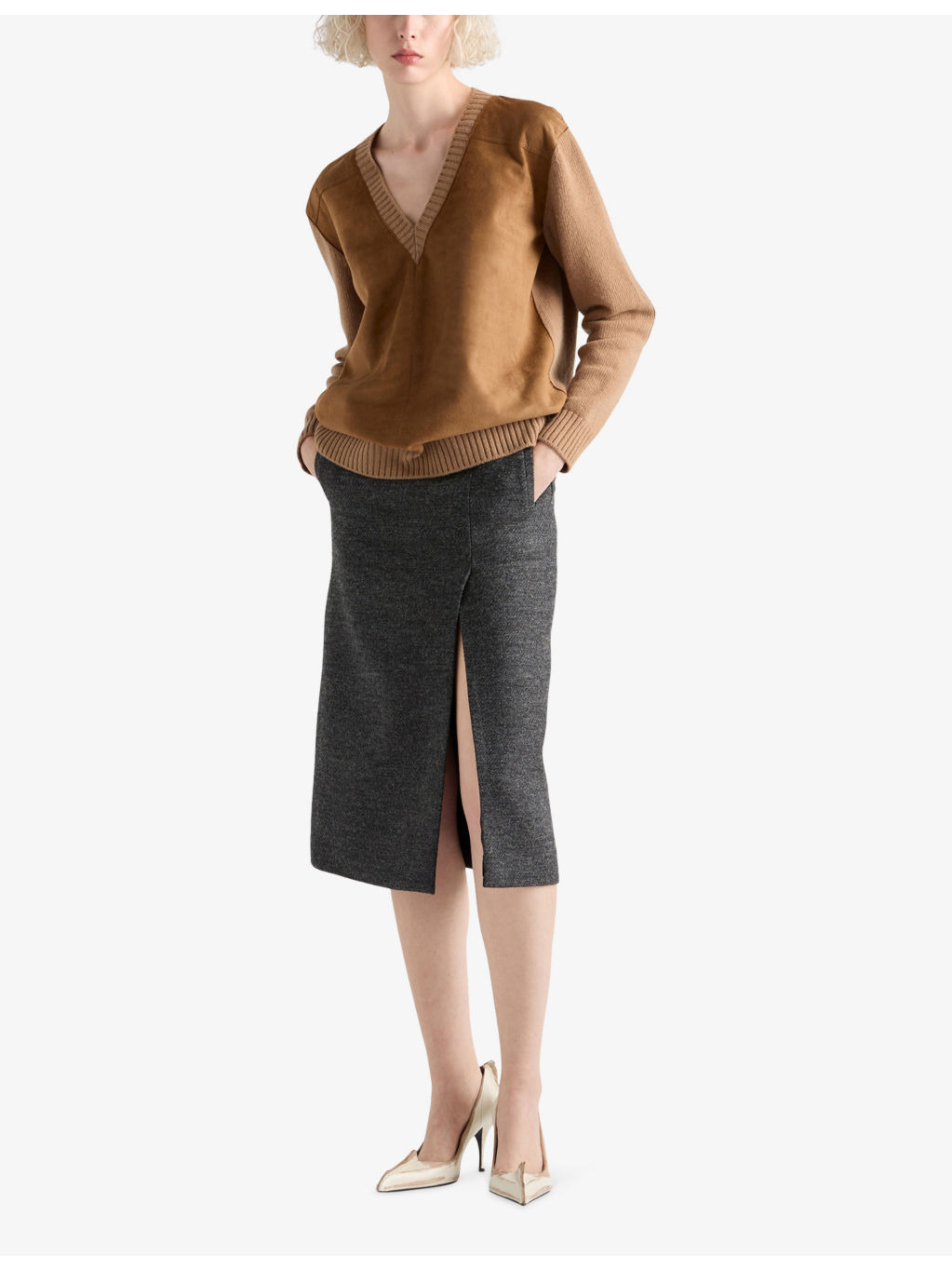 V-Neck Suede And Cashmere Jumper - 2