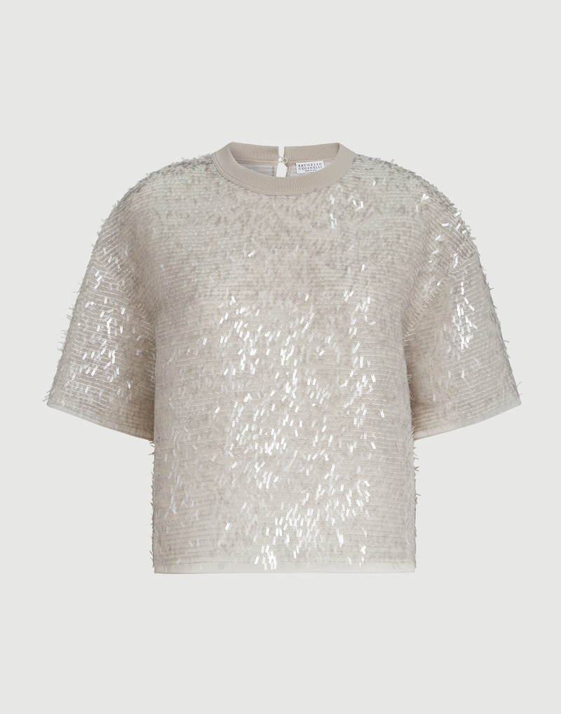 Dazzling cascade embroidery T-shirt in crispy silk 1