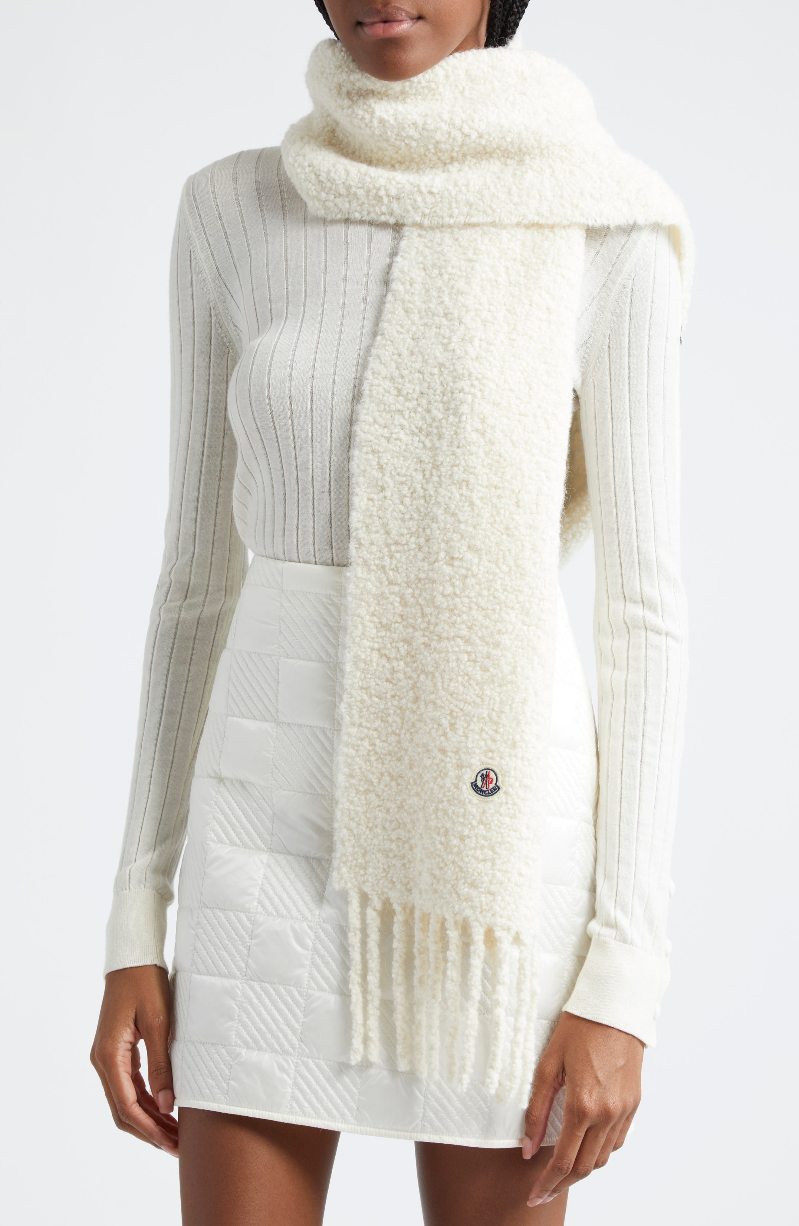 Moncler Logo Patch Alpaca Blend Fringe Scarf in Natural at Nordstrom - 2
