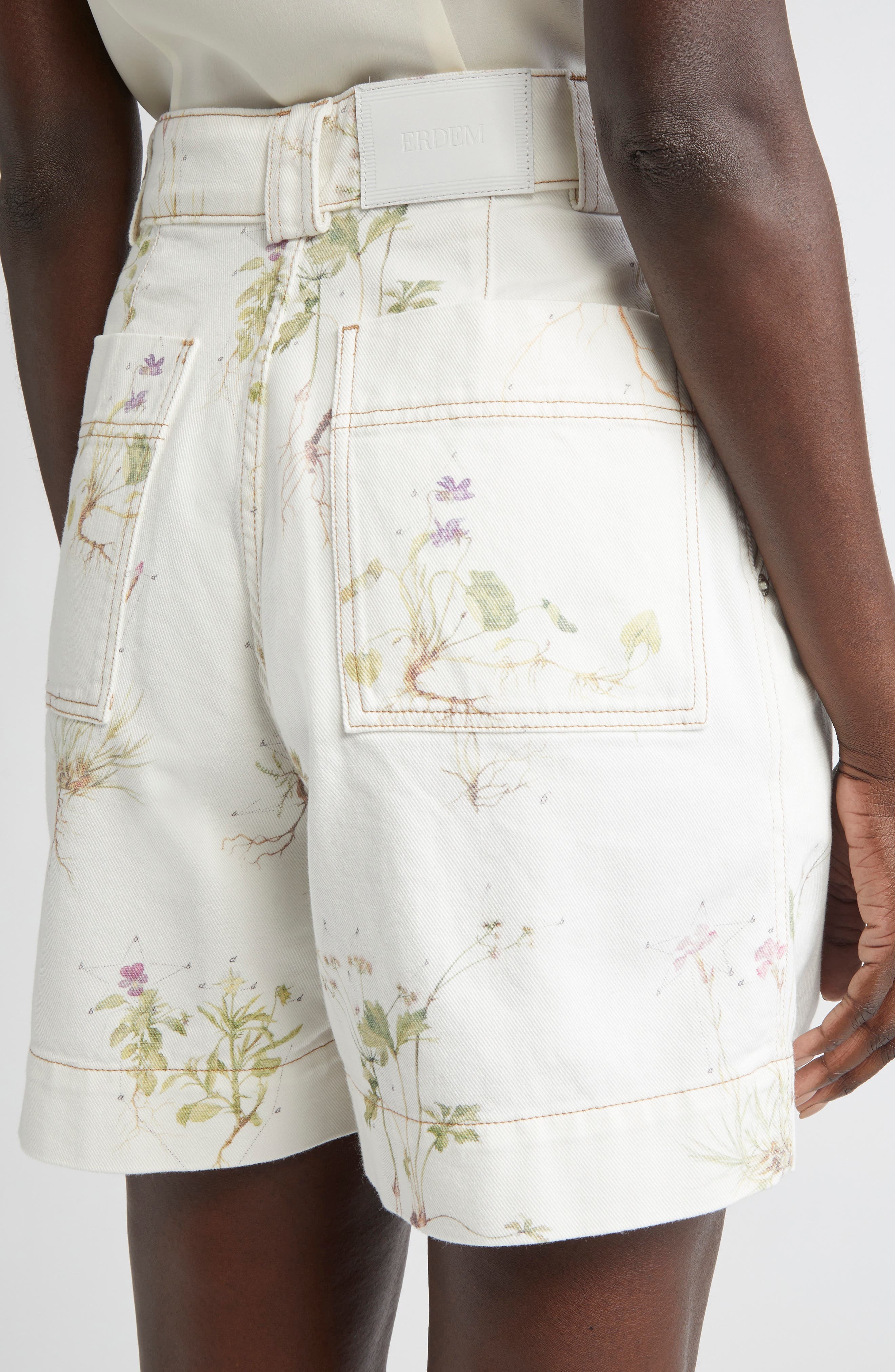 Erdem Botanical Print Pleated High Waist Denim Shorts in Small Botanical Garden White at Nordstrom - 4