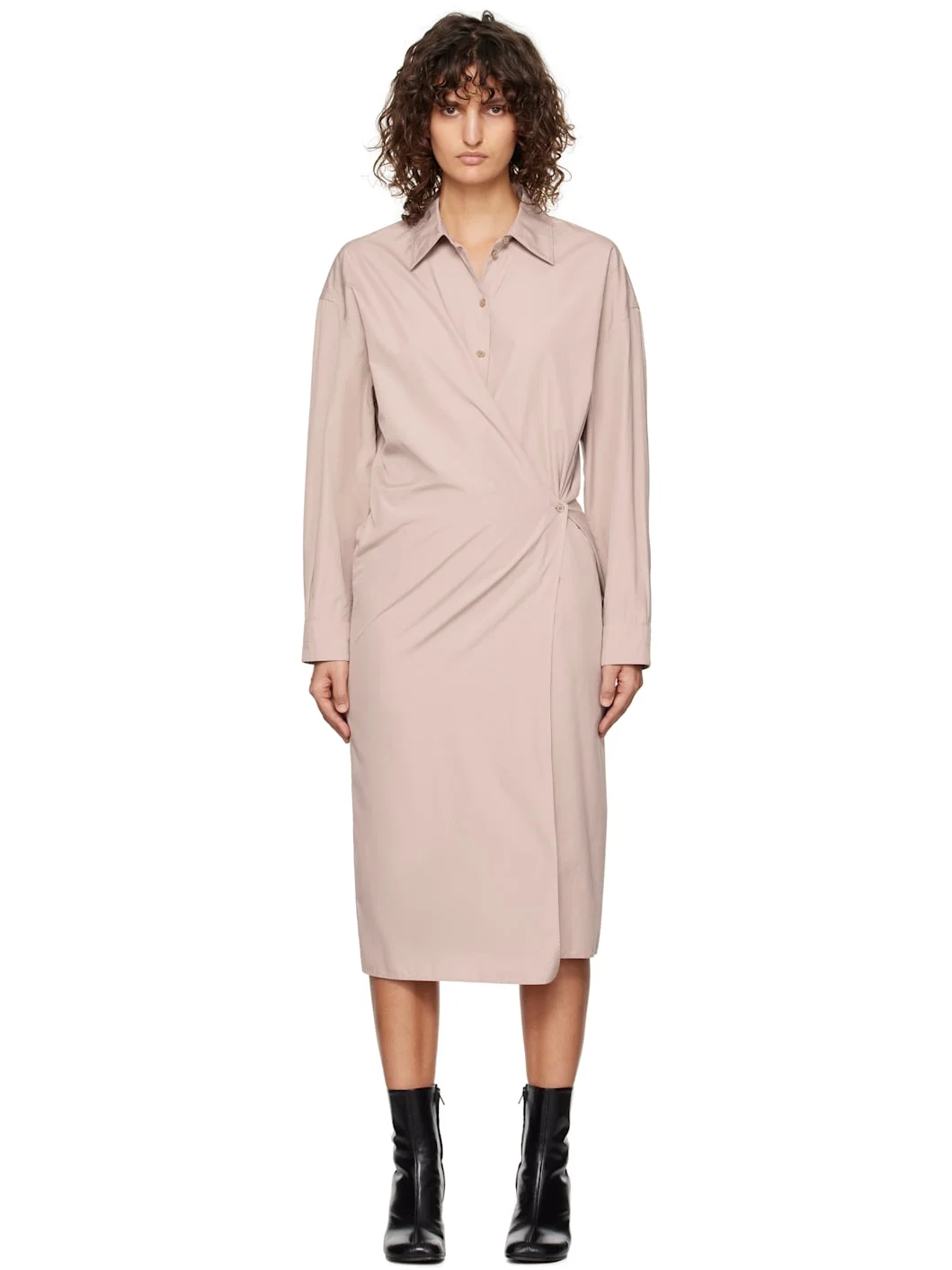 Pink Straight Collar Twisted Midi Dress - 1