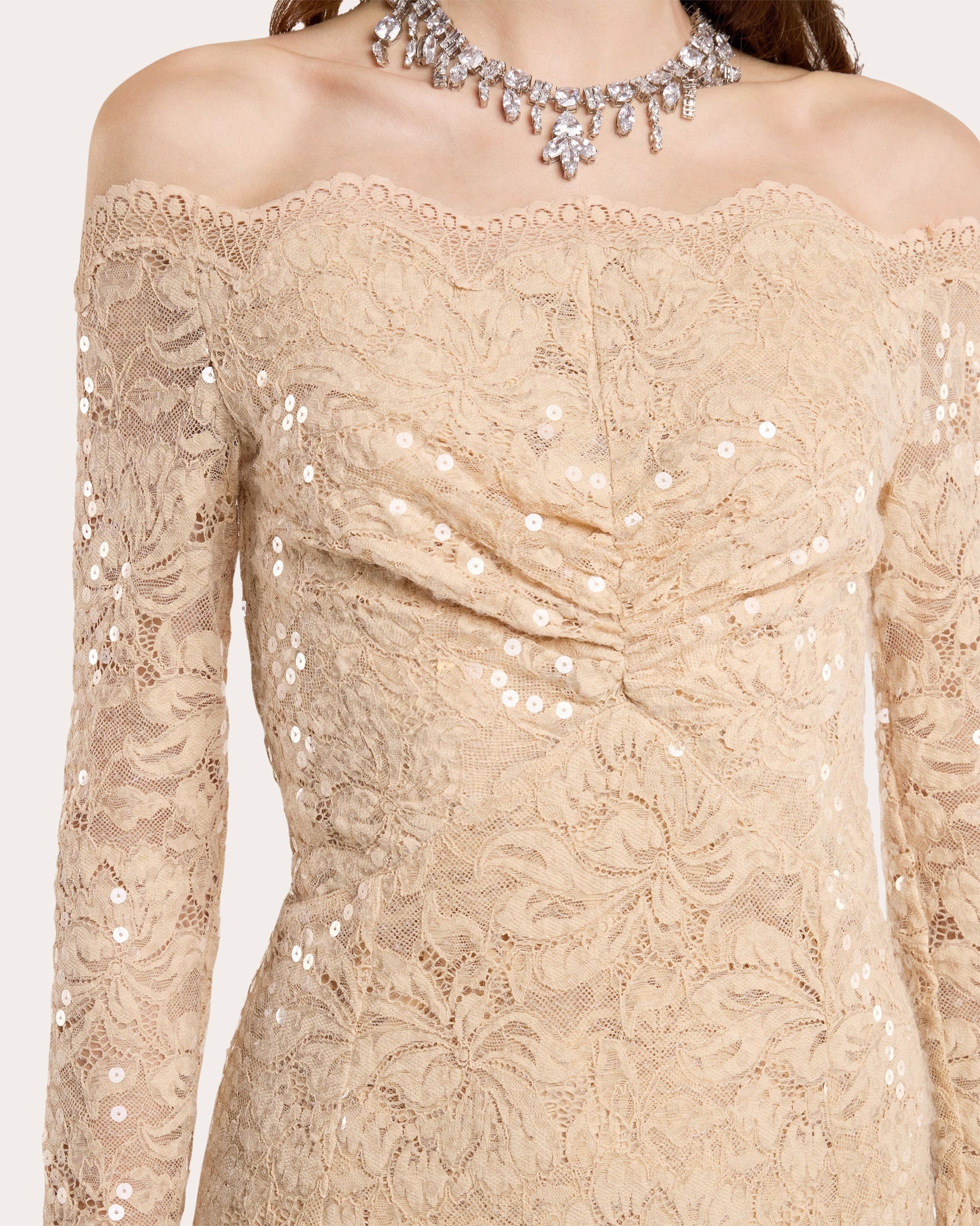 Sequin-Embellished Ruched Lace Maxi Dress - 5