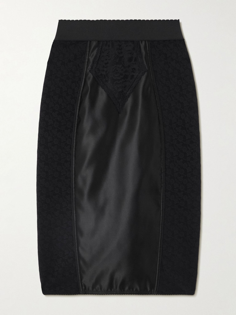 Paneled satin and lace midi skirt Black 1