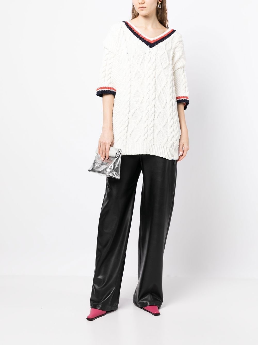 three-quarter sleeve cable-knit top - 2
