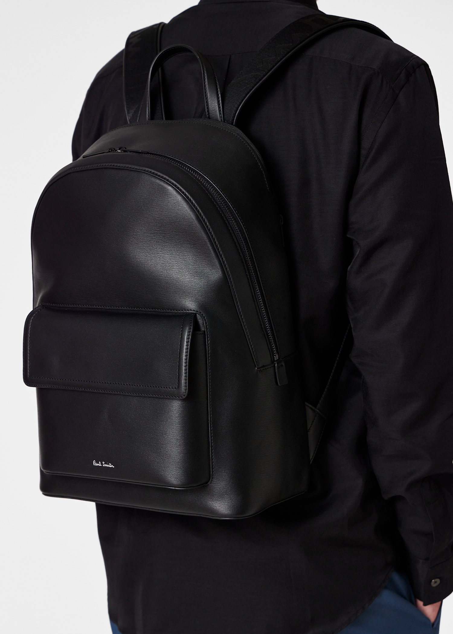 Black Straw-Grain Embossed Leather Backpack - 8