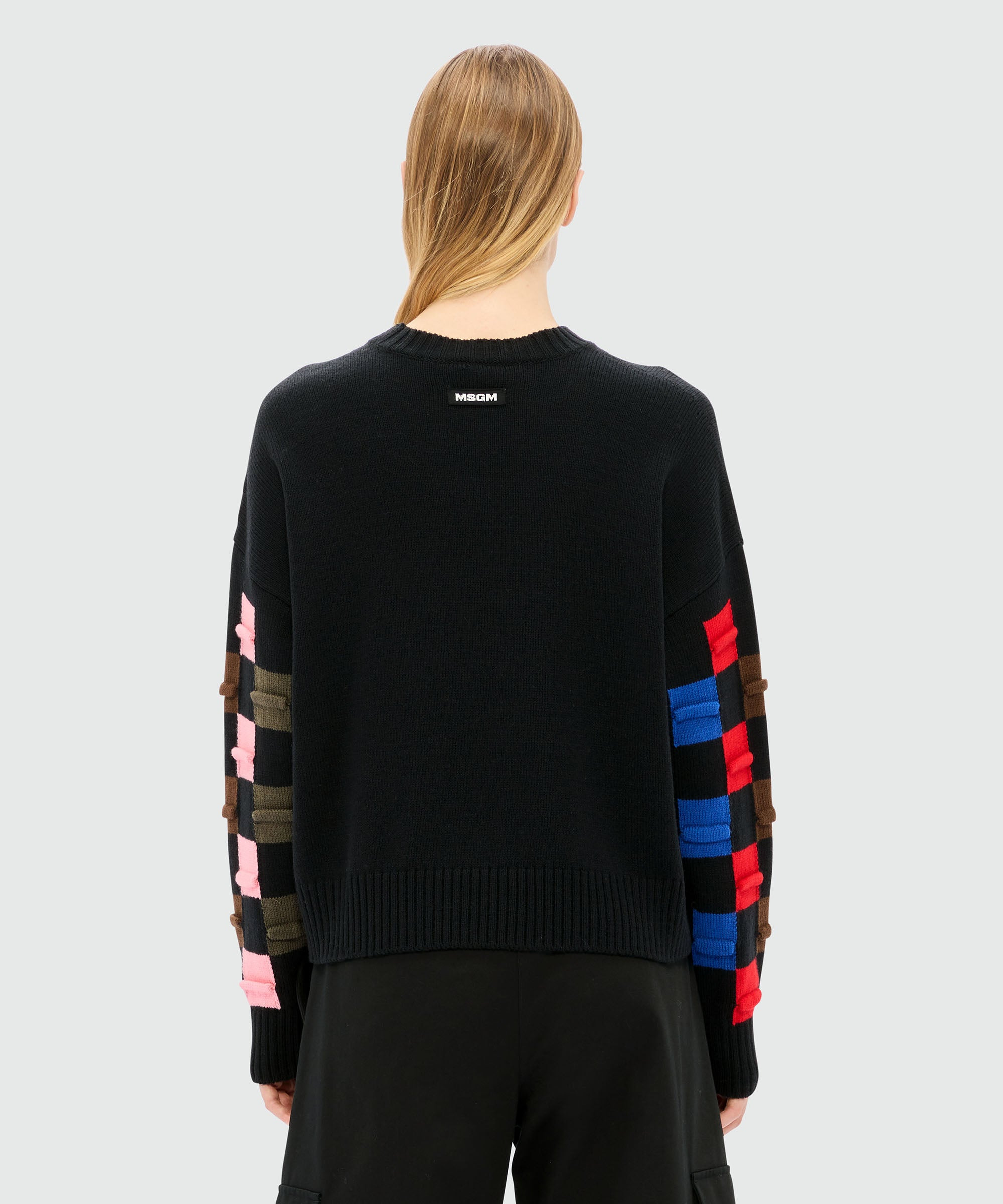 Black sweater with multicolor 3D checkerboard pattern - 3
