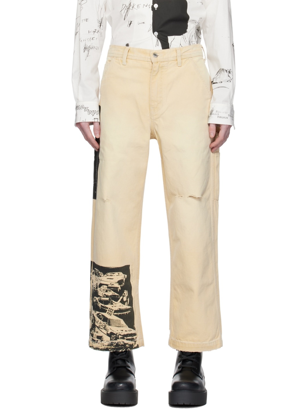 Beige Paint Cargo Pants - 1
