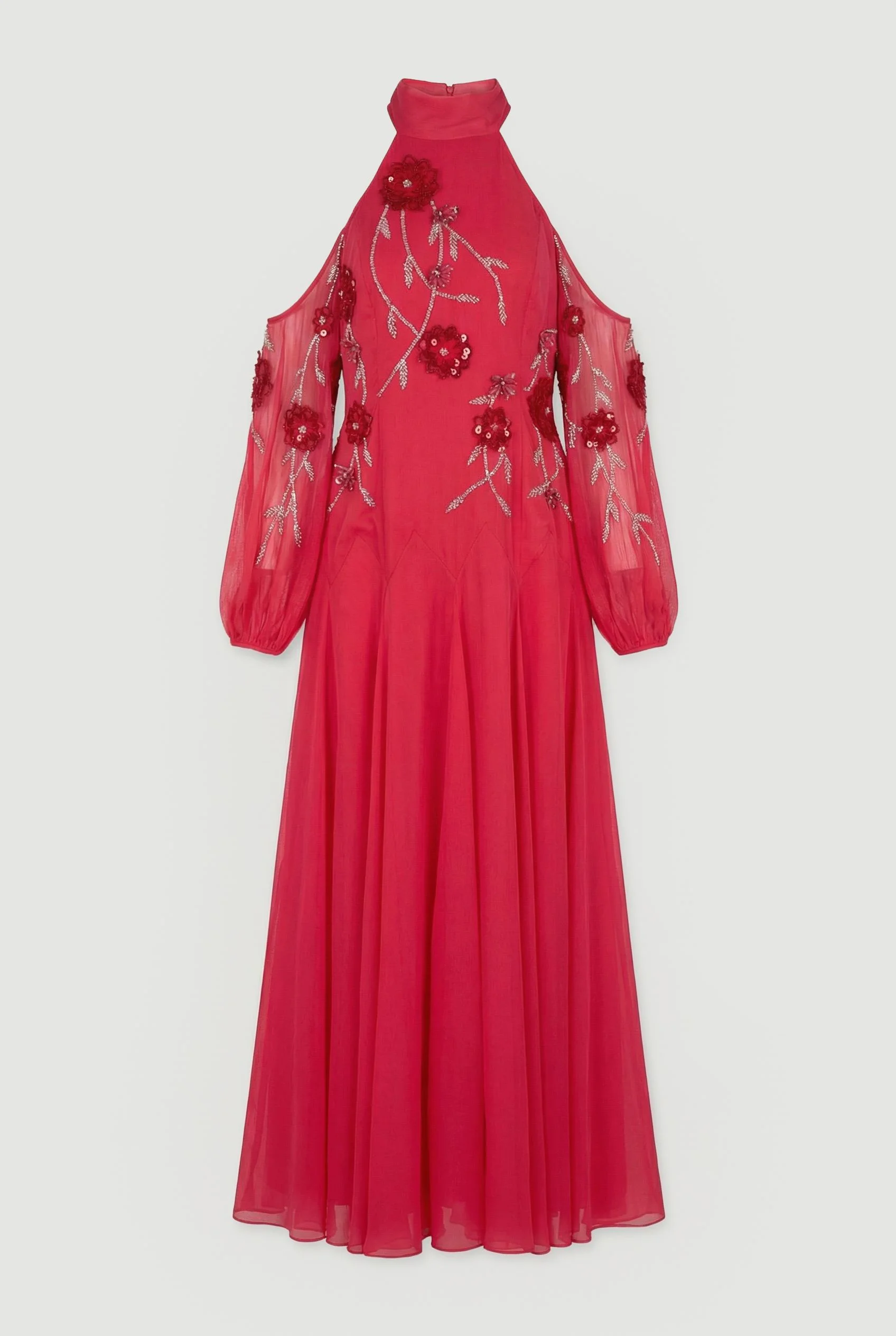 Cold Shoulder 3D Floral Applique Woven Maxi Dress - 1
