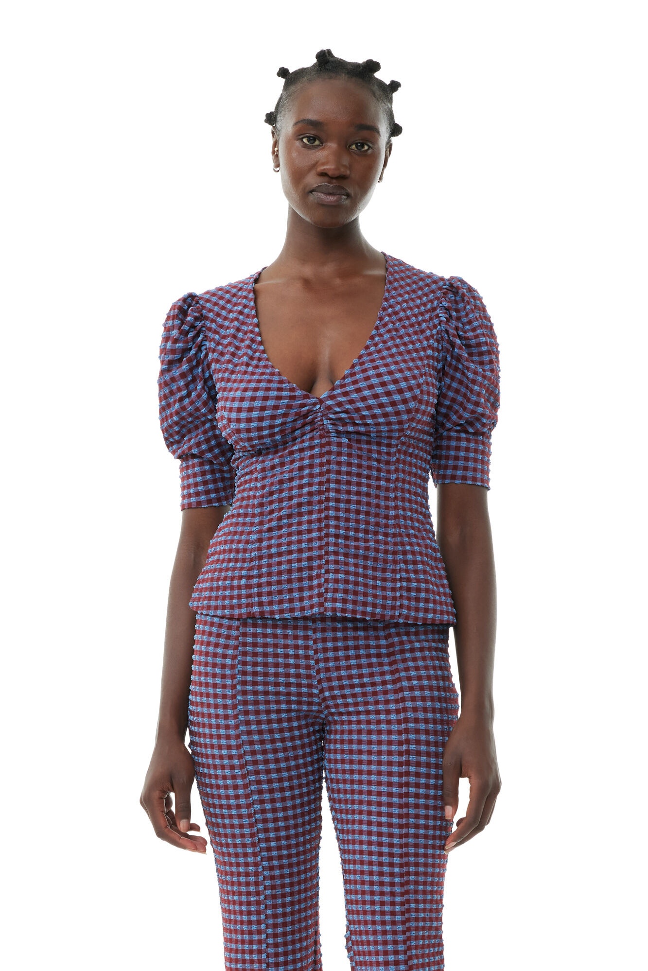 CHECKERED SEERSUCKER V-NECK BLOUSE - 3