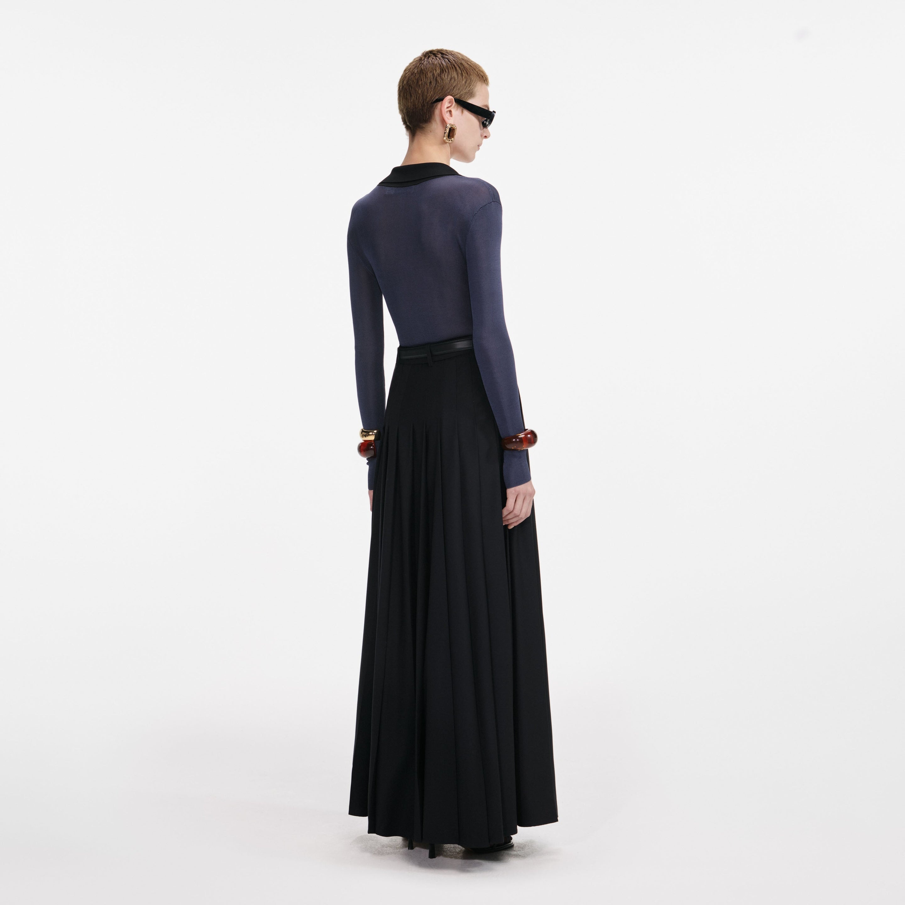 Black Pleated Twill Maxi Skirt - 3