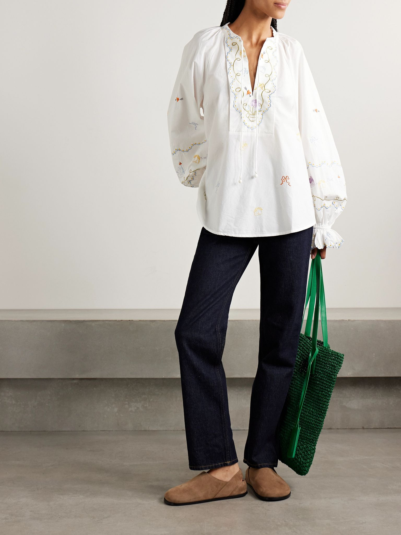 Giulia oversized embroidered organic cotton-poplin blouse Cream - 2
