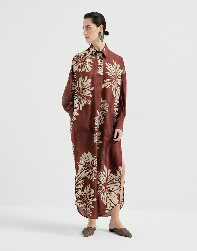 Silk bloom print pongee long dress with monili 2