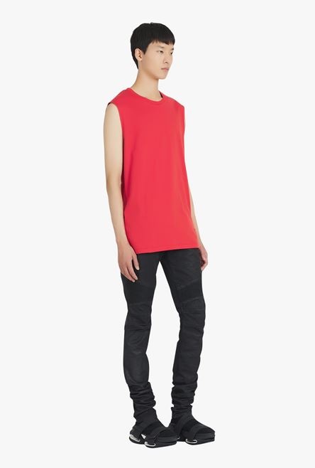 Red eco-designed cotton T-shirt with white Balmain logo print - 7