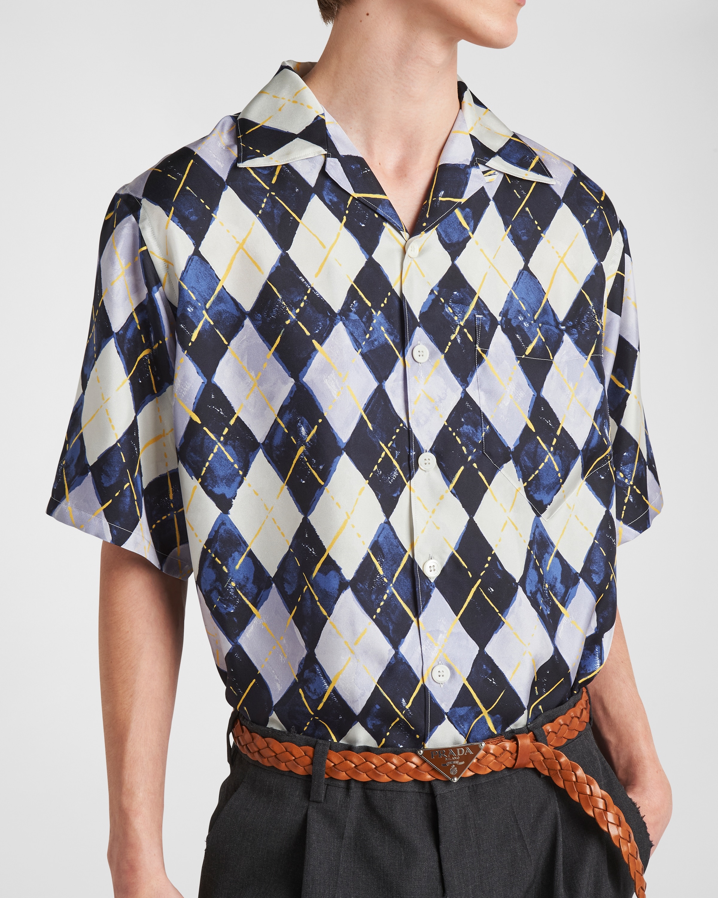 Short-sleeved Argyle-pattern silk twill shirt - 6